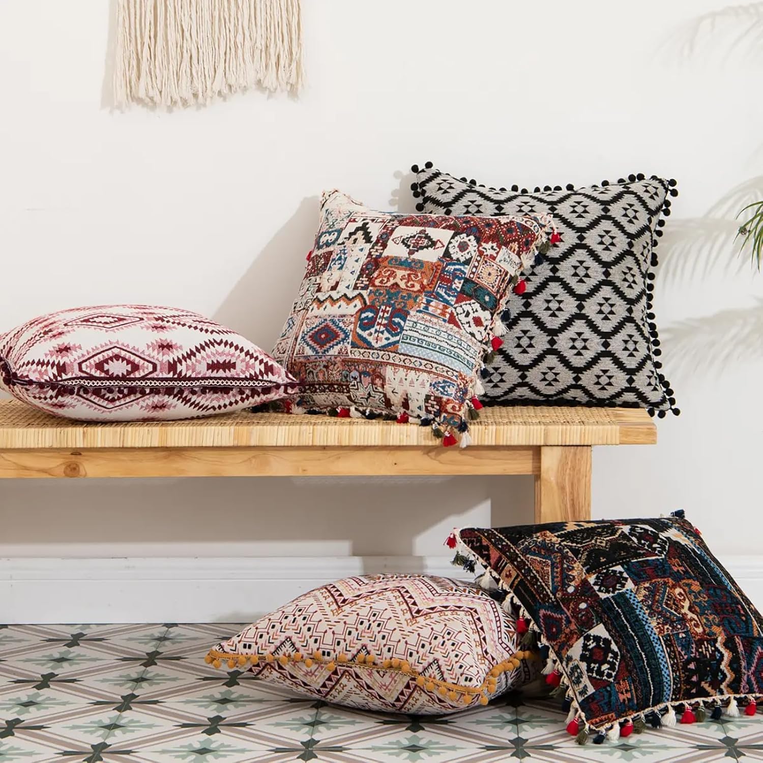 Archie & Pixie Set of 2 Moroccan Mosaic Embroidered Throw Pillow Cushion Covers 18" X 18" (Black)