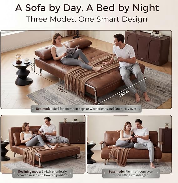 Convertible Folding 2-Seater Double Sofa Bed, Extra-Long 200cm x 150cm, Vintage Faux Leather with Cushions – Living, Guest Room or Home Office