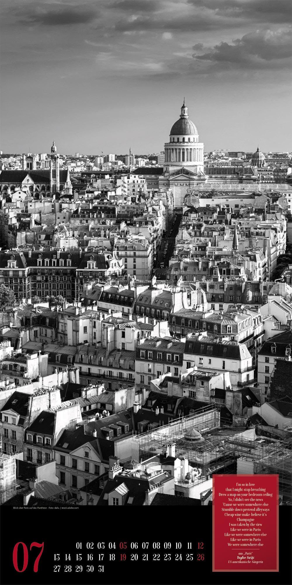 Paris, je t’aime Literatur-Kalender 2026 | Geschmackvoller Städtekalender im schlanken Hochformat (33x66 cm) | Fotos in Schwarz-Weiß mit Zitaten
