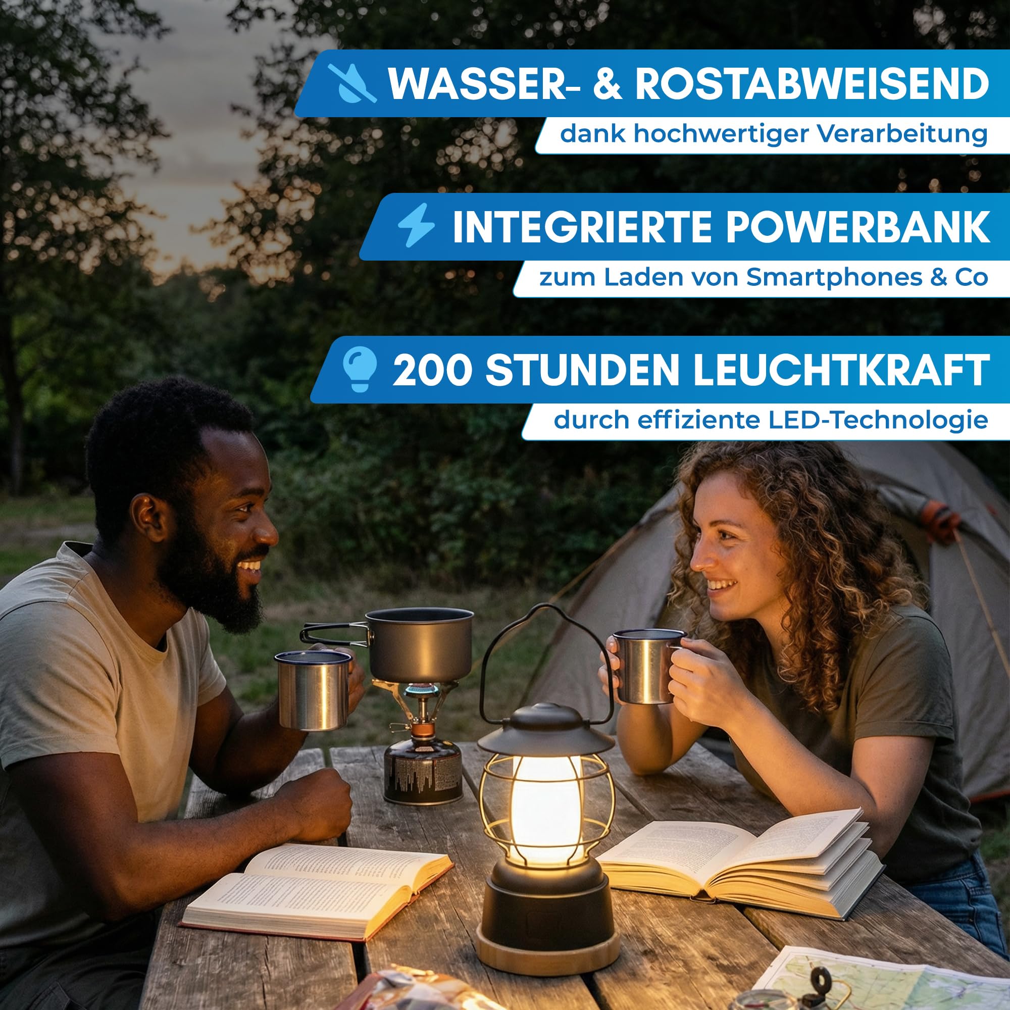 NORDMUT® Campinglampe aufladbar mit Powerbank [5200 mAh] IPX4 wasserdicht – Campinglampe dimmbar mit 200h Leuchtkraft – Leichte Campingleuchte Outdoor mit kompakten Packmaß (Schwarz)