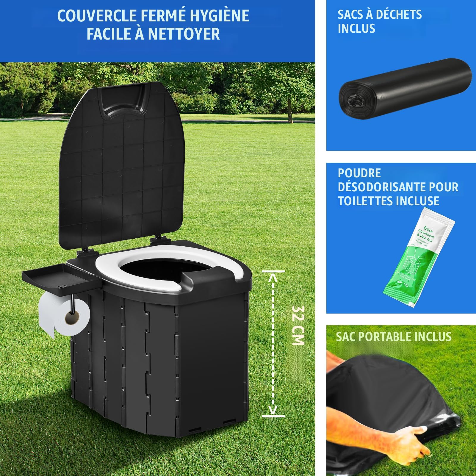 Toilette Portable Camping Avec Couvercle - Siège Seau 250kg - Urgence Voyage