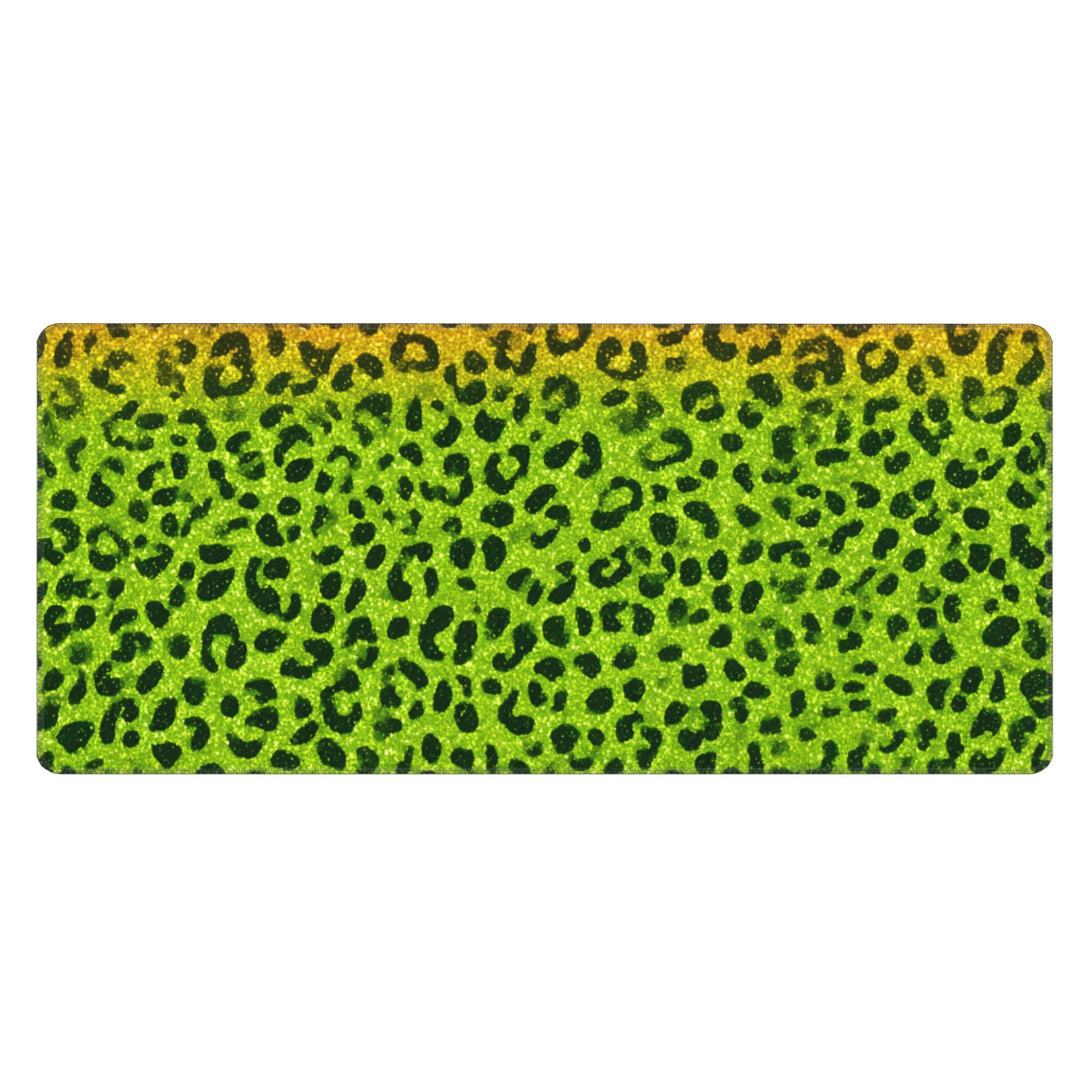 Green Leopard Print Extended Gaming Mouse Pad, with Stitched Edges Large Mouse Pad Desk Protector, Rubber Base Mousepad Keyboard Mouses Mat for Work Game Office Home- 32" X 12" Inch