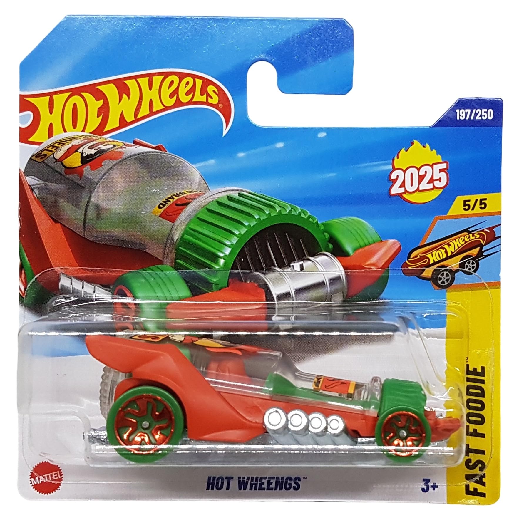 Hot Wheels Hot Wheengs HYW42 Fast Foodie 5/5 Short Card Hotdog Race Car Red Green Mattel 2025 1:64, Red, Green