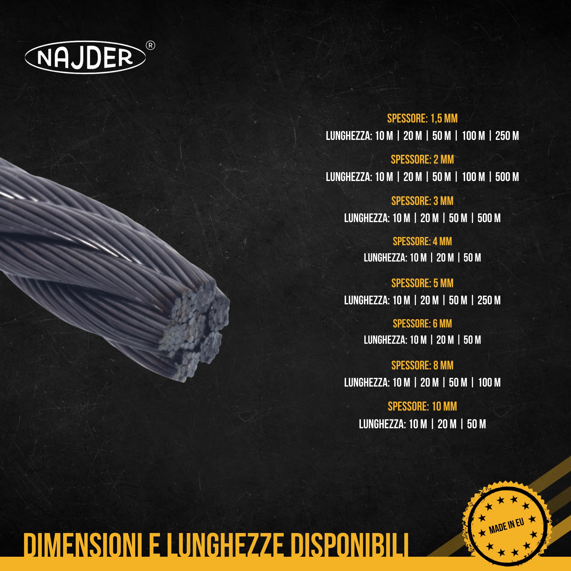 NAJDER Cavo in acciaio inox 8 mm, cavo inox, corde, fune metallica, lunghezza: 50 m, fune metallica in acciaio inox 7x19, resistenza alla trazione: 1570 MPa Costruzione, fai da te, decorazione