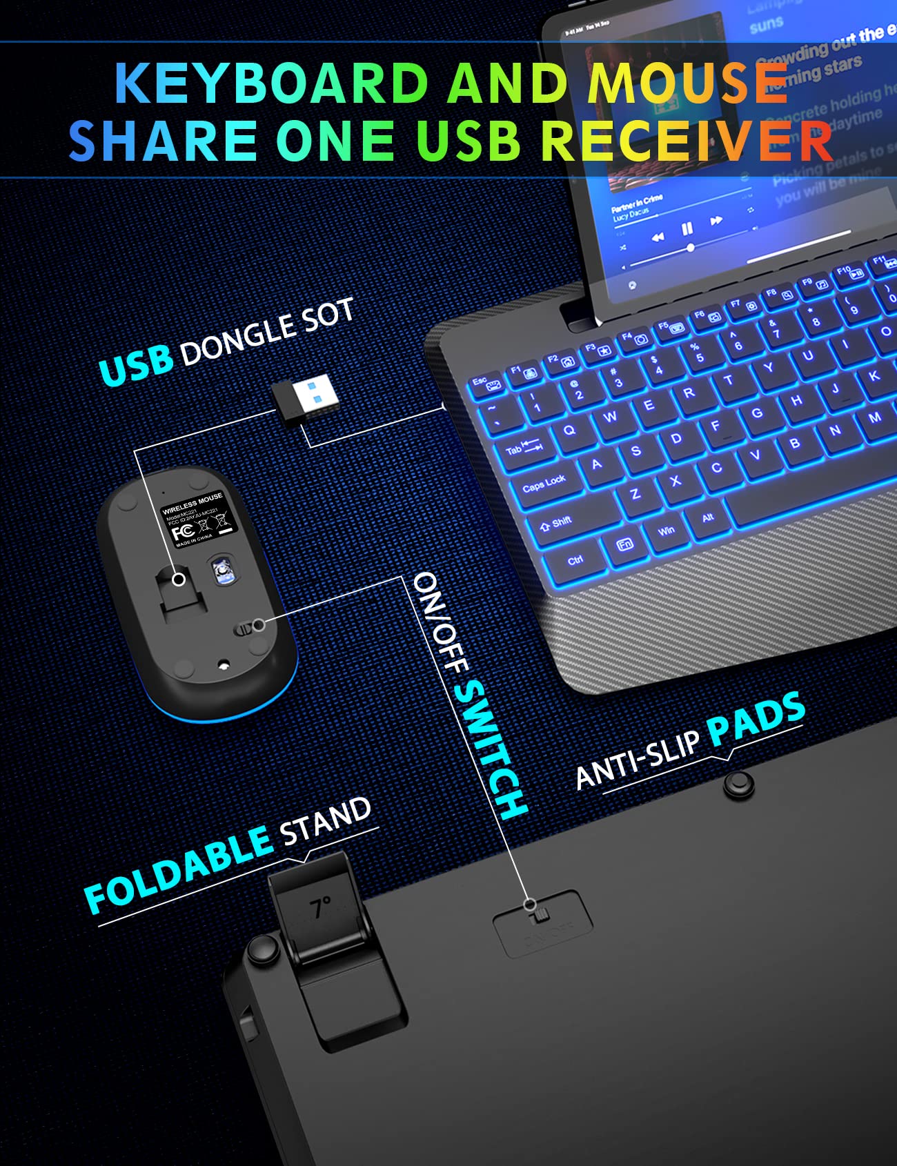 Wireless Keyboard and Mouse with 7 Colored Backlits, Wrist Rest, Phone Holder - Rechargeable Ergonomic Silent Light Up Combo for Computer, Mac, PC, Laptop, Chromebook - by SABLUTE