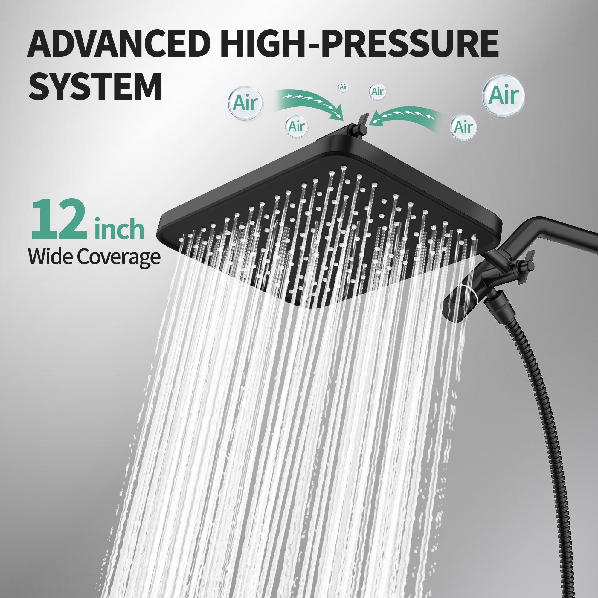 12 Inch Wide Rain Shower Head with NSF Filtered Handheld Combo, High Pressure Rainfall Shower Head, 9 Spray Modes Handheld with 9-Inch Extension Arm, Comes with Filter Removes Chlorine(Black) - 4