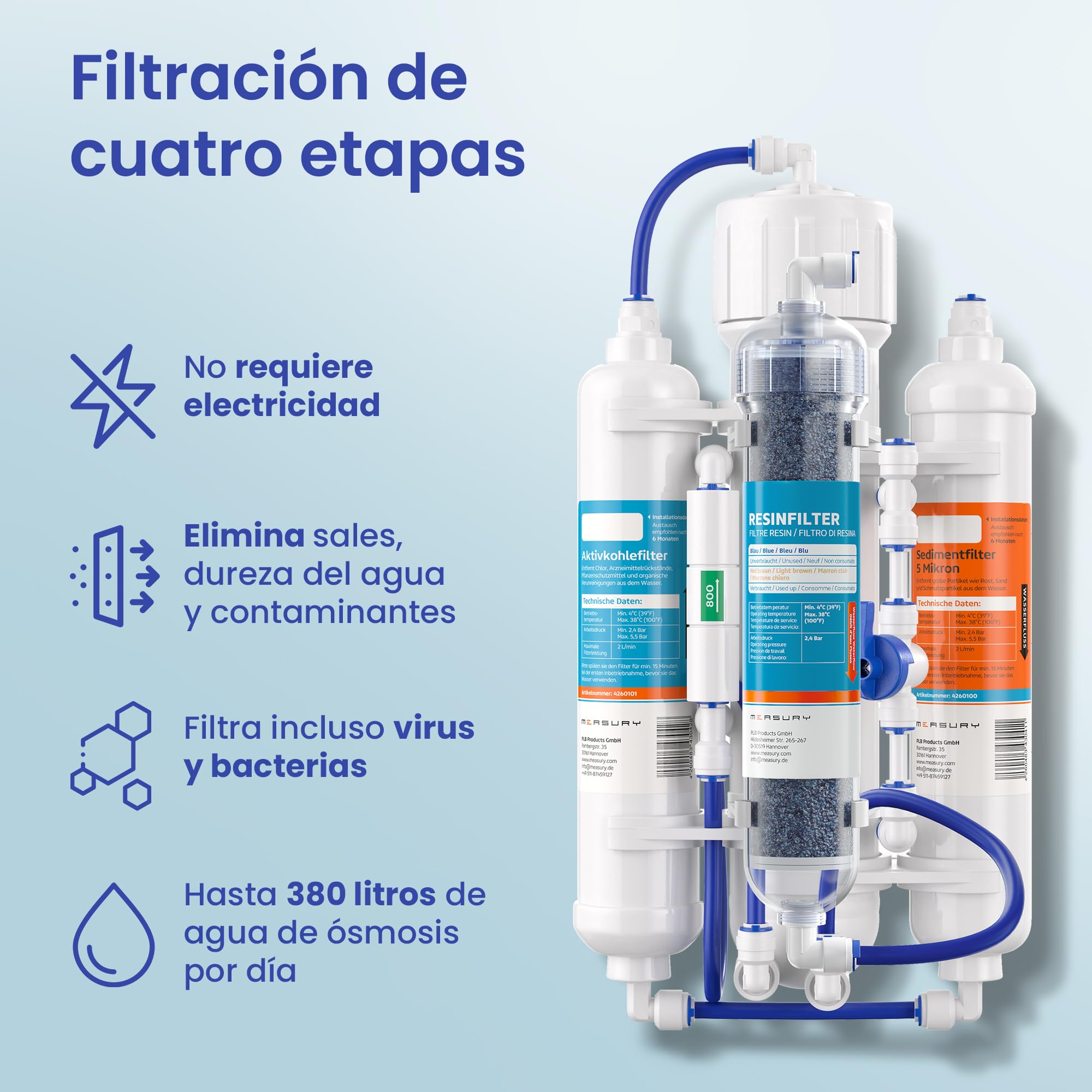 Measury Sistema de Osmosis Inversa para Acuario - Hasta 380 Litros por Dia | Con Filtro de Resina 630 ml