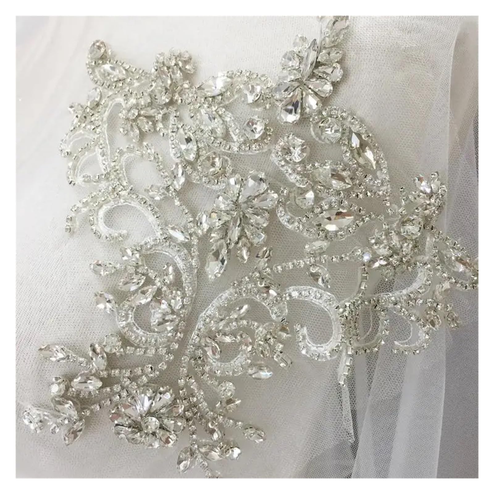 Rhinestone Crystal Appliques, Tulle Crystale Beading Lace Collar With Backing Wedding Dress Belt Bridal Cover Up 15x20(Silver)