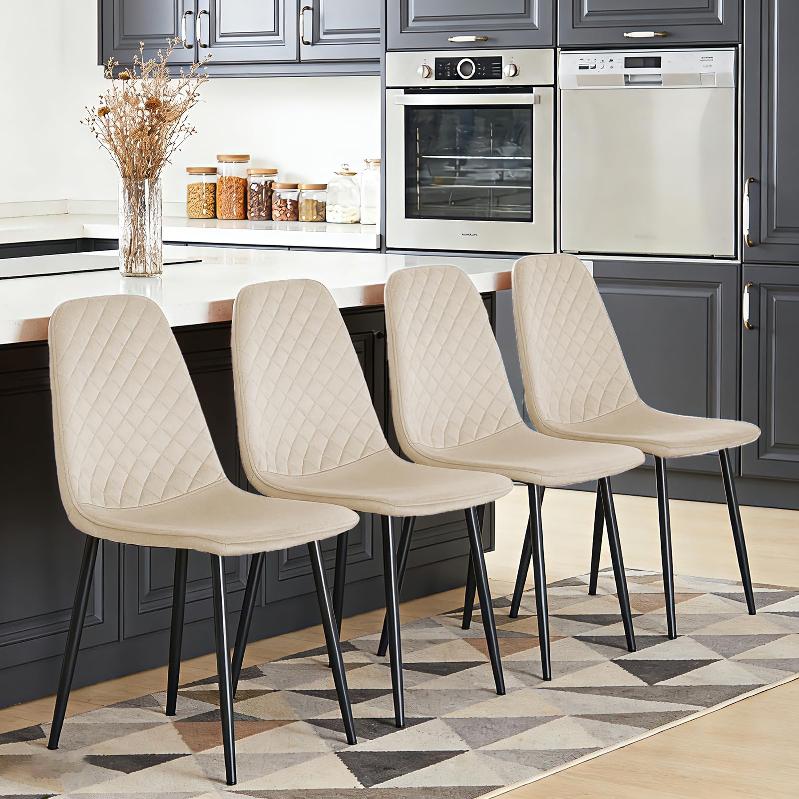JaHECOME Beige Dining Chairs Set of 4 Velvet Fabric Upholstered Seat Living Room Chairs Metal Legs for Kitchen Lounge Home Office