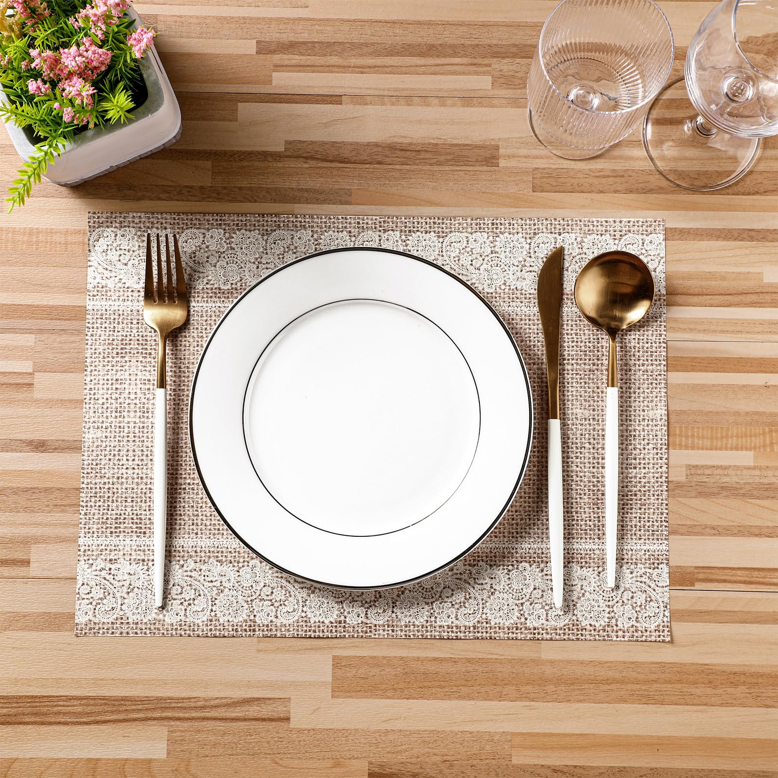 Lallisa Platzsets aus bedrucktem Jute, 35,6 x 25,4 cm, Spitze, Einweg-Esstisch, rechteckig, braun, Küchentischmatte, Vintage-Tischset für Weihnachten, Erntedankfest, Hochzeit, Party, 100 Stück