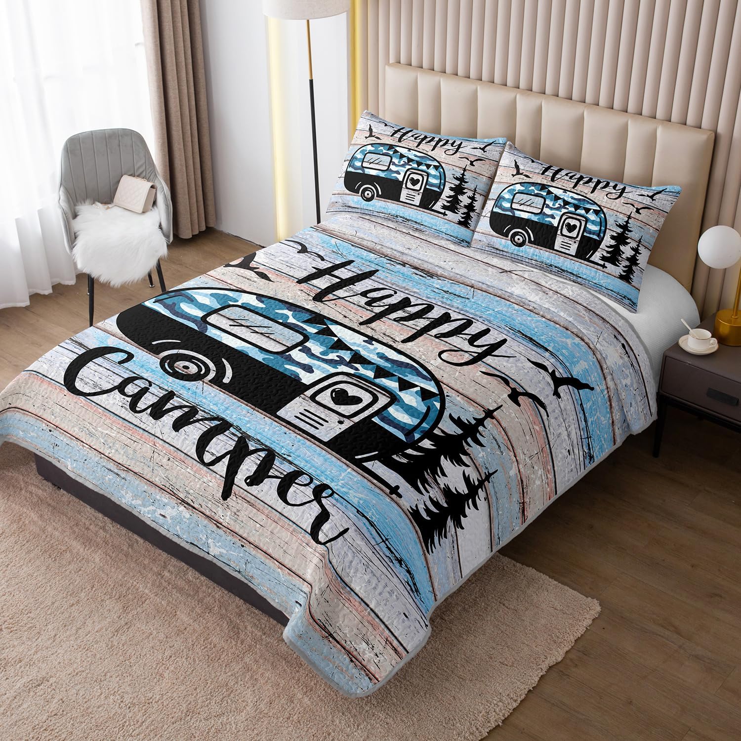 HOSIMA Happy Camper Decor Quilt King Size,Camouflage Camping Quilt for Adults Room Decor,Camper Accessories for Travel Trailers Camping Themed Bedding with 2 Pillowcases.