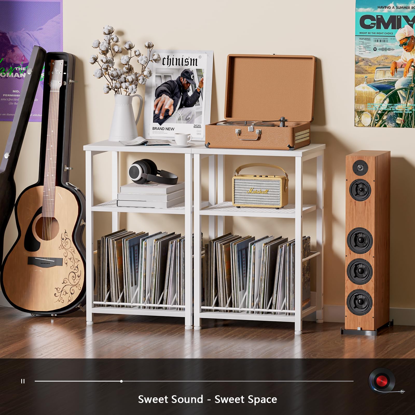 Furologee 3 Tier Record Player Stand, End Table with Storage Shelves, White Nightstand Vinyl Record Player Stand Storage Up to 100 Albums,Turntable Stand for Living Room, Bedroom, White