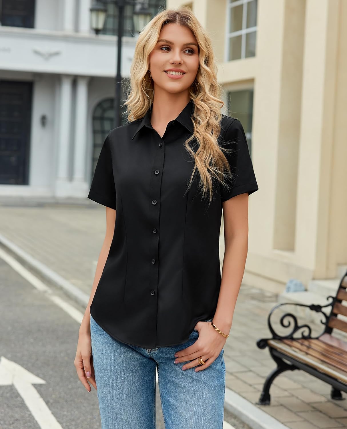 siliteelon Button Down Shirts for Women Stain Shield Short Sleeve Dress Shirt Wrinkle Free Work Business Office Blouses - Image 3