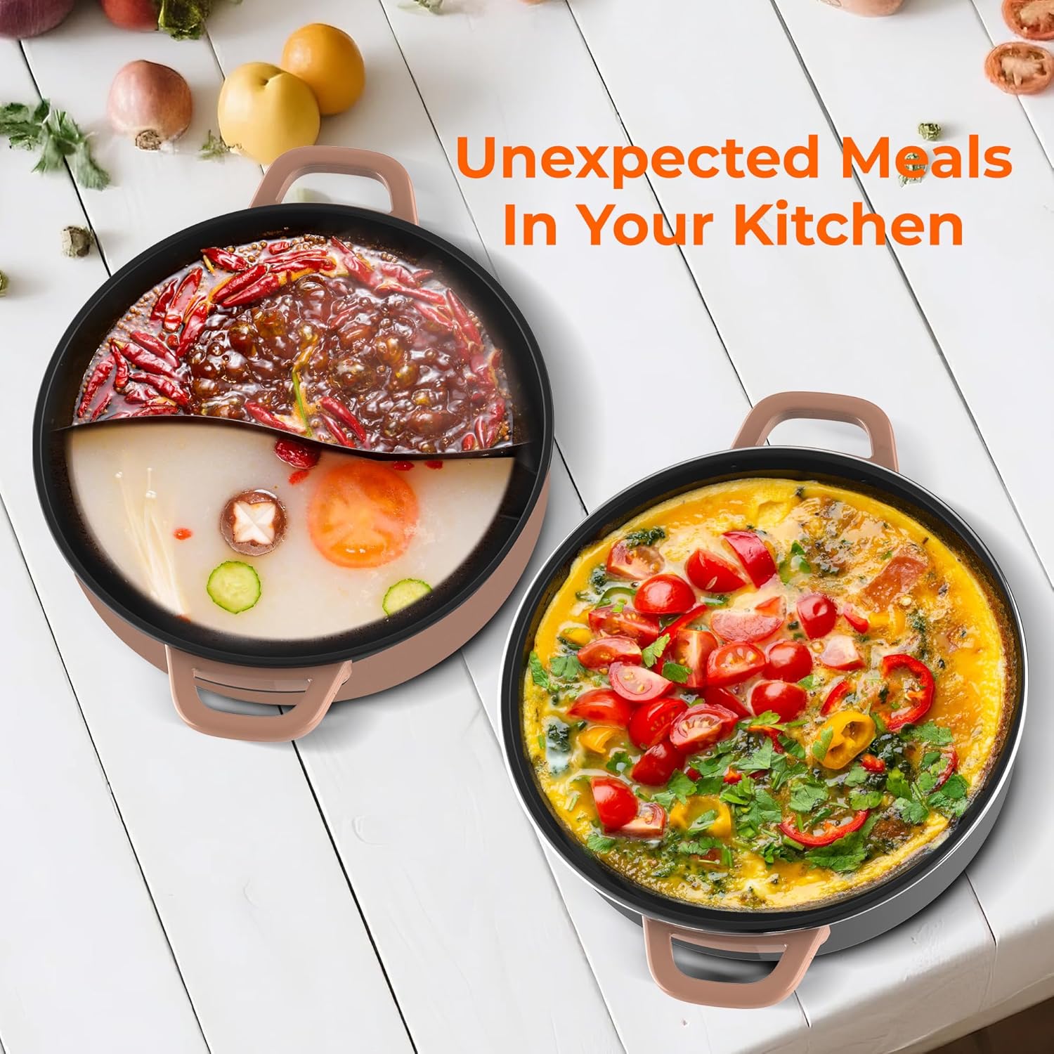 Rosewill 12.7 QT Electric Hot Pot Accessory Kit 2 pcs, Includes Dual-Sided Hot Pot and Shallow Fry Pan, with easy-to-carry Handle and Non-stick Coating - Mocha