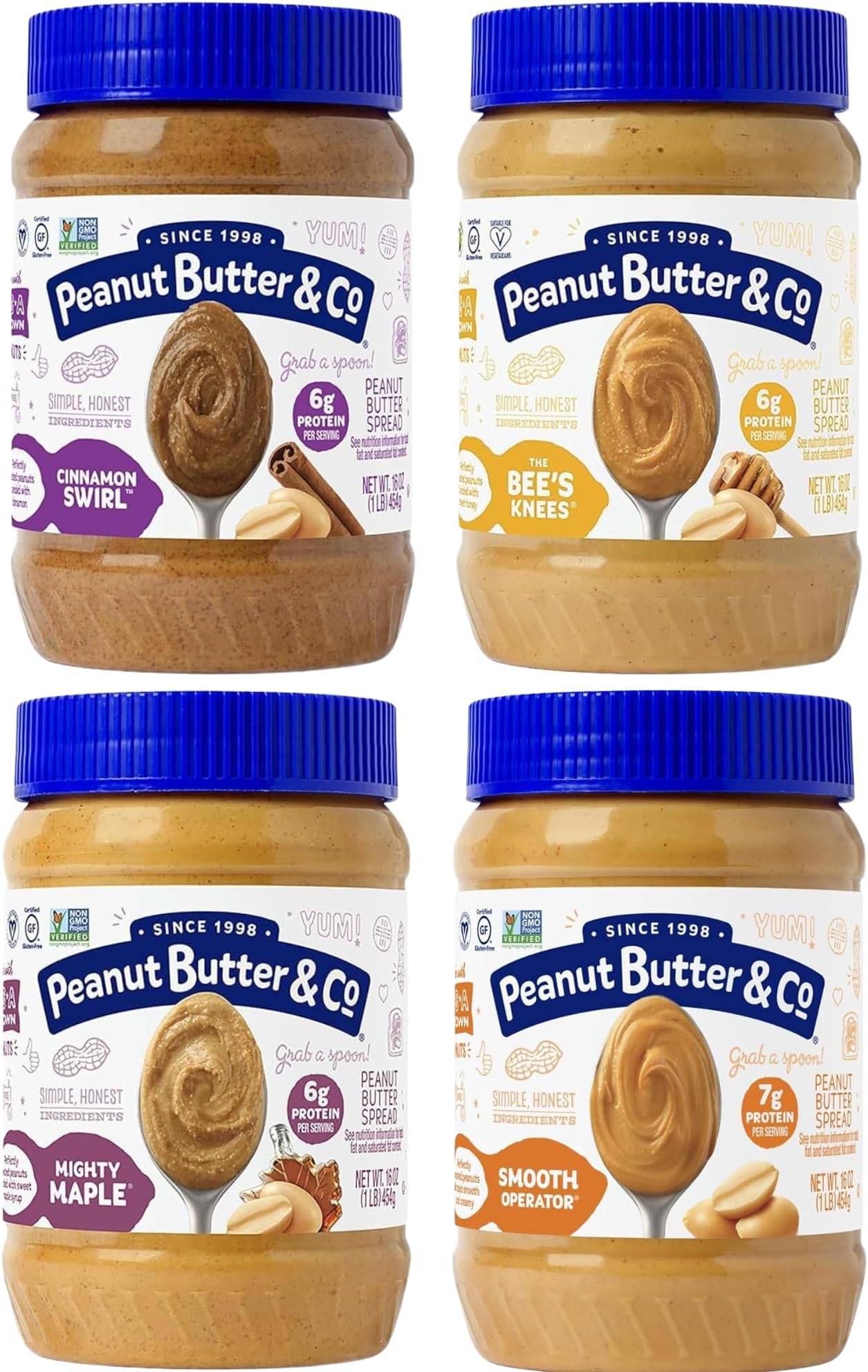 Peanut Butter & Co. Breakfast Variety Pack Peanut Butter, Cinnamon Raisin Swirl, The Beeโs Knees (Honey) & Mighty Maple, 6g Protein, Non-GMO Project Verified, Gluten Free, Vegan, 16 Ounce (Pack of 4)