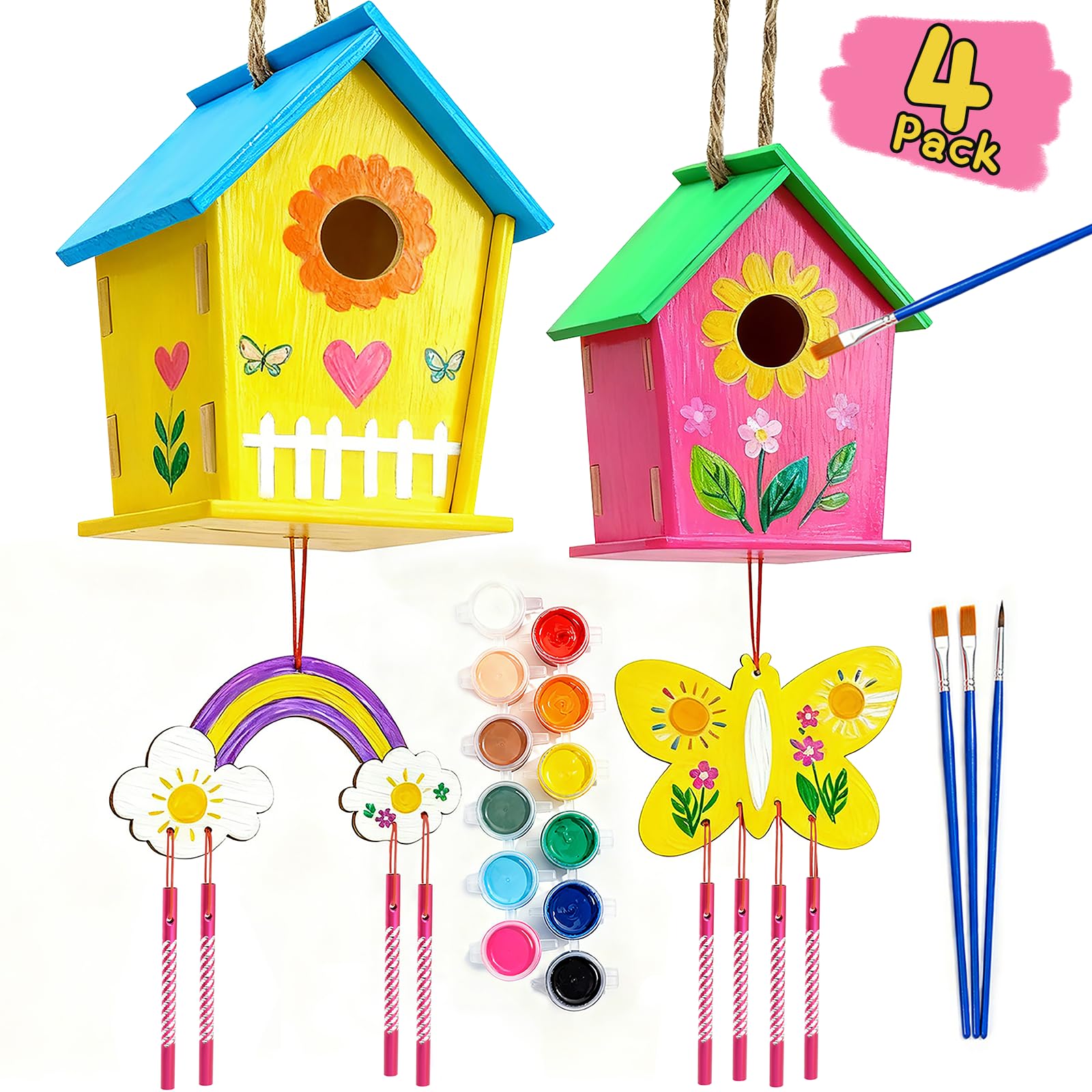 Ladwon Crafts for Kids Ages 4-8 - 4 Pack DIY Bird House Wind Chime Kit - Build and Paint Birdhouses Wooden Arts Kits Easter Basket Stuffers Gifts for Girls Kids Boys Toddlers Ages 3-5 4-6 6-8 8-12