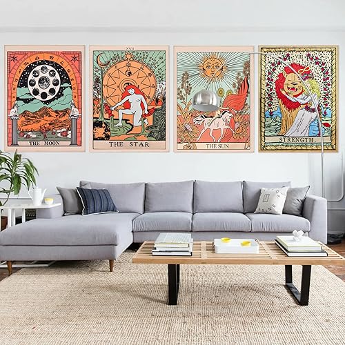 Vista 6 de ZeeDix Paquete de 4 Tapices de Cartas de Tarot para Colgar en la Pared, Lindo Arte Bohemio Hippie Espiritual con Sol y Luna, Estrellas, Fuerza