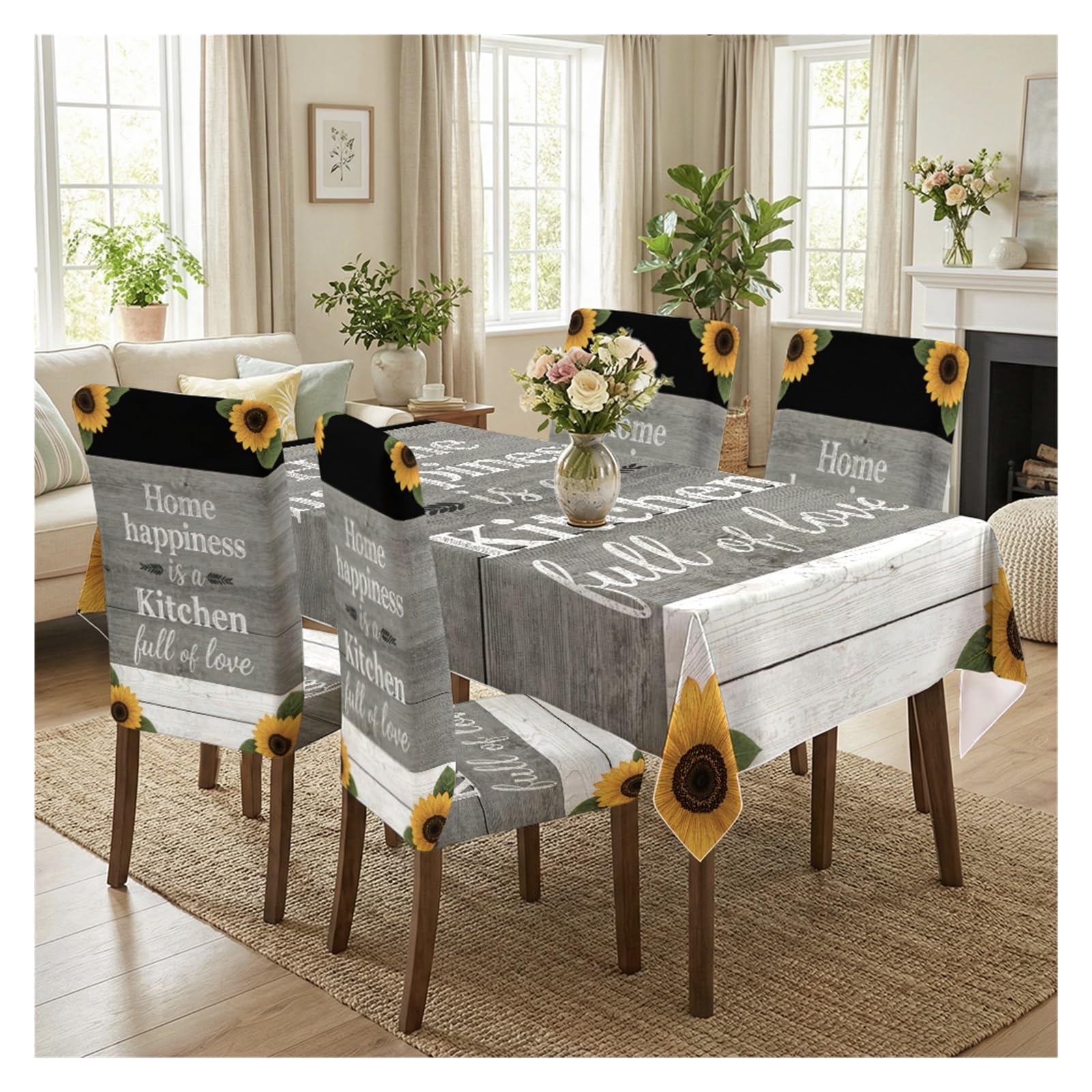 KXUAUV Stretch Dining Chair Slipcover & Tablecloth Set, Sunflower And Farmhouse Wood Print, 5/7 Pack, For Farm Kitchen Rustic Family Daily Dining Decor Party Decor(5pcs Set: Tablecloth+Chair Covers)