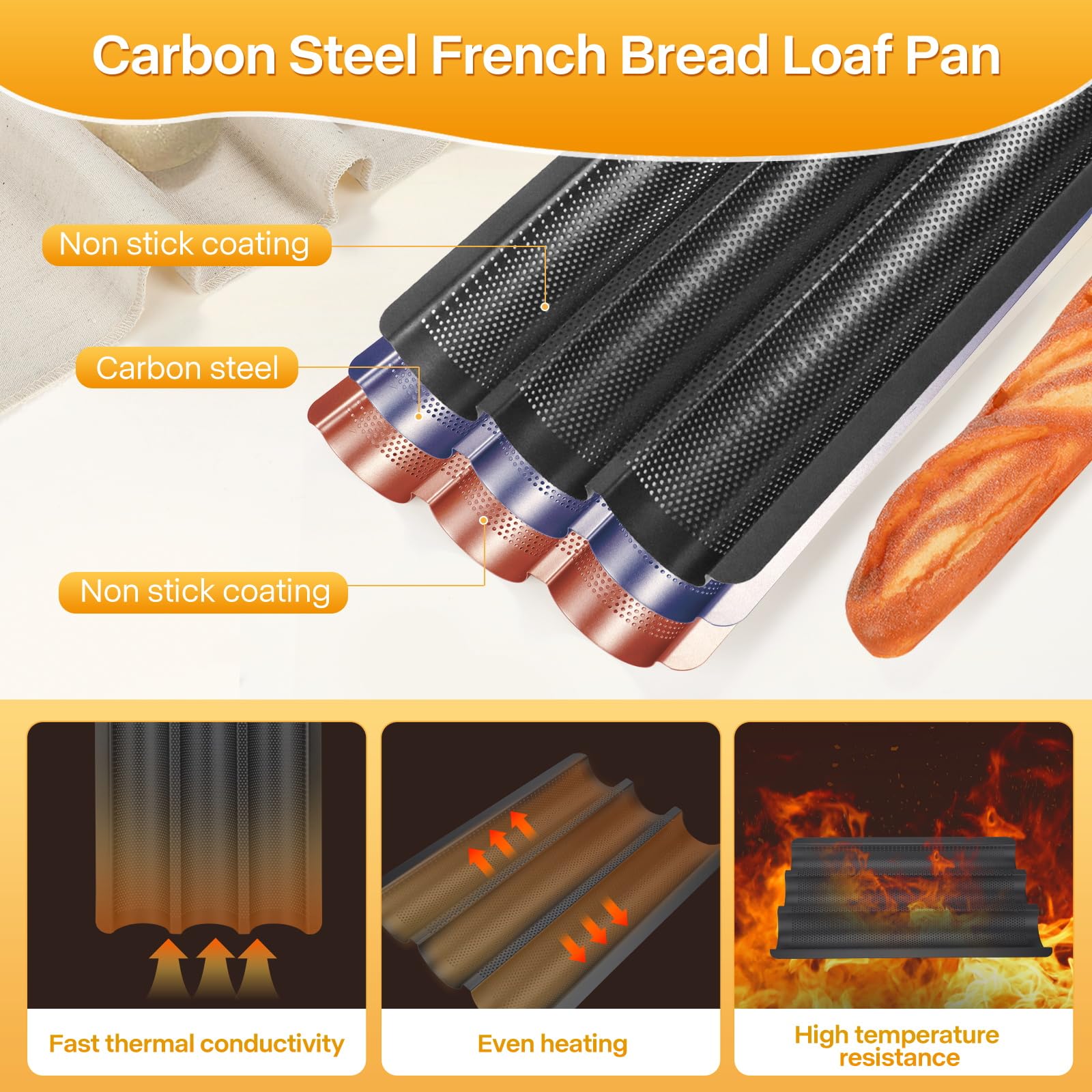 Schwarze Baguette-Brotpfanne, 3 Brotbackformen, antihaftbeschichtet, perforiertes Baguetteblech, ofenfest, gesundes Backzubehör, 38,1 x 27,9 cm, runde Ecken und gleichmäßige Erwärmung
