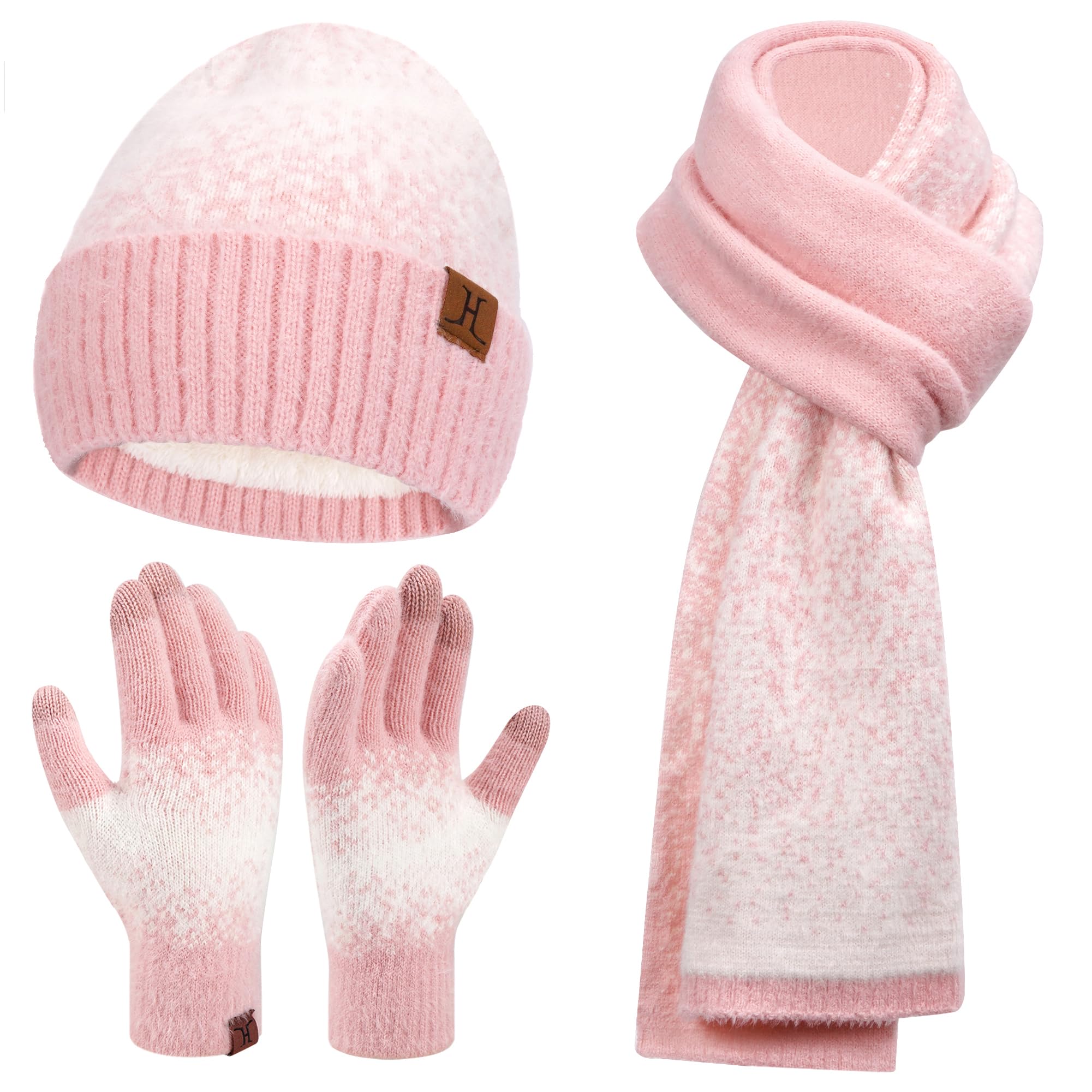 Damen Winter Warm Mütze Touchscreen Handschuhe und Lang Schal Set mit Fleece Gefütterte, Thermo Wintermütze Strickmütze Beanie Winterhandschuhe Strickhandschuhe Schals Frauen Geschenk Weihnachten