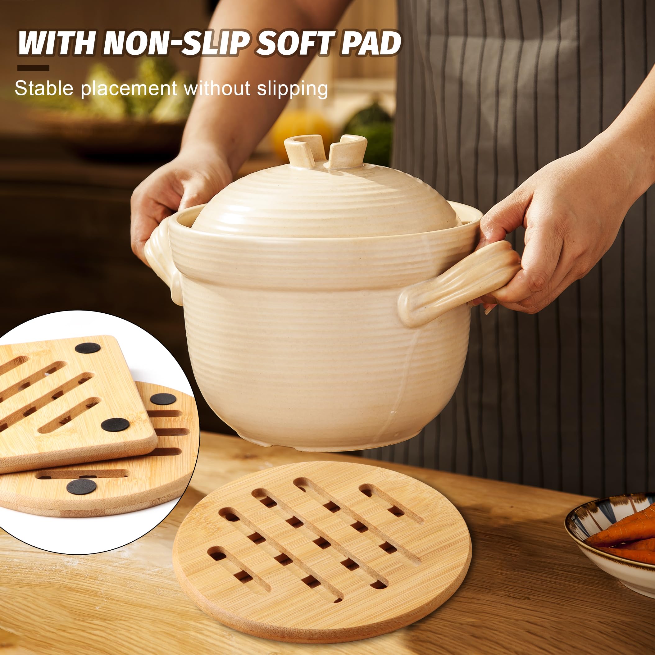 4 PCS Salvamanteles Bambú Resistente al Calor, Salvamanteles a Prueba de Calor, Salvamanteles Individuales Bambu 15 cm Conjunto de Posavasos de Bambú para Tetera, Tazón y Plato