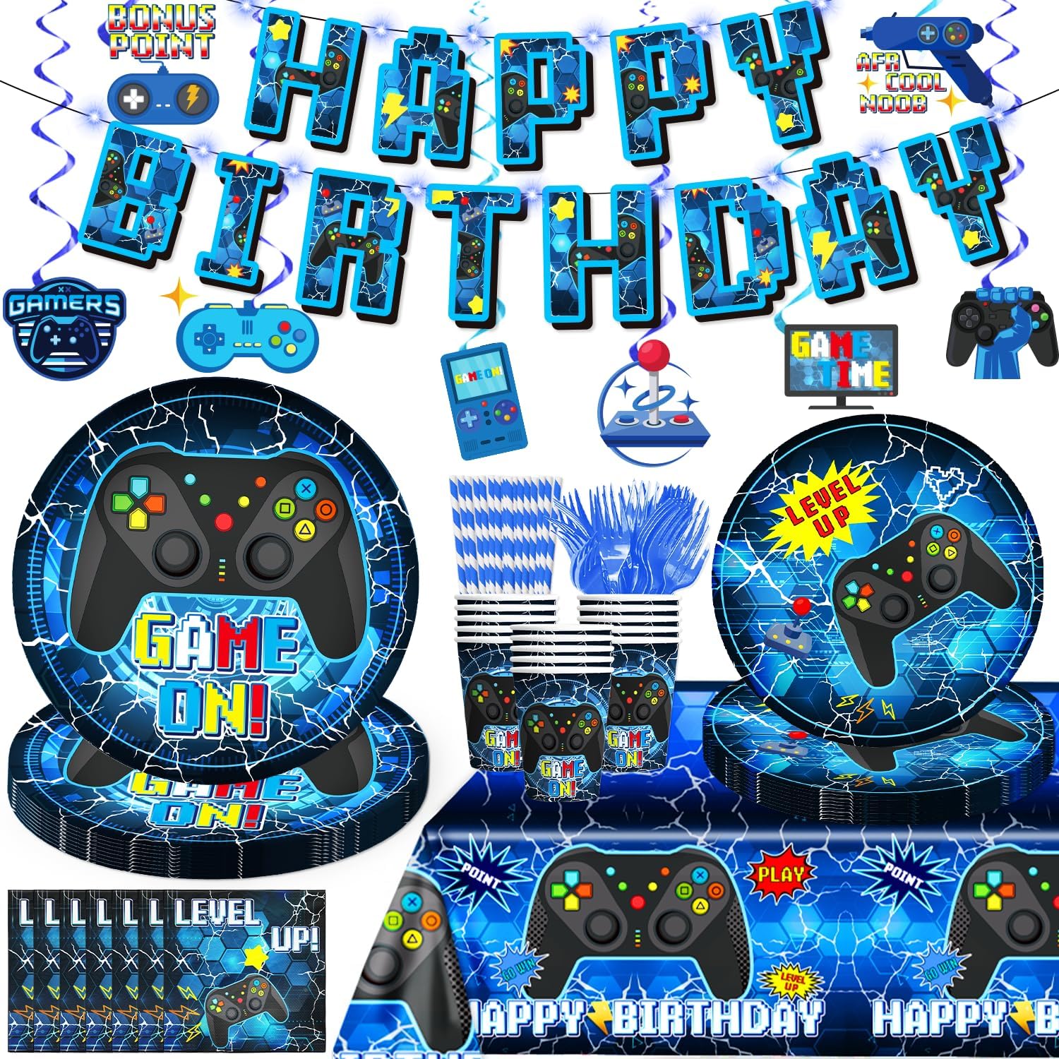 Video Game Birthday Tableware Set – 159pc Eco-Friendly Disposable Kit with 300 GSM Thick Paper Plates, Durable Paper Straws, Banner, Napkins, Cups, Tablecloth for Gamer Party Boys – Serves 25 Guests Video Game Birthday Tableware Set – 159pc Eco-Friendly Disposable Kit with 300 GSM Thick Paper Plates, Durable Paper Straws, Banner, Napkins, Cups, Tablecloth for Gamer Party Boys – Serves 25 Guests