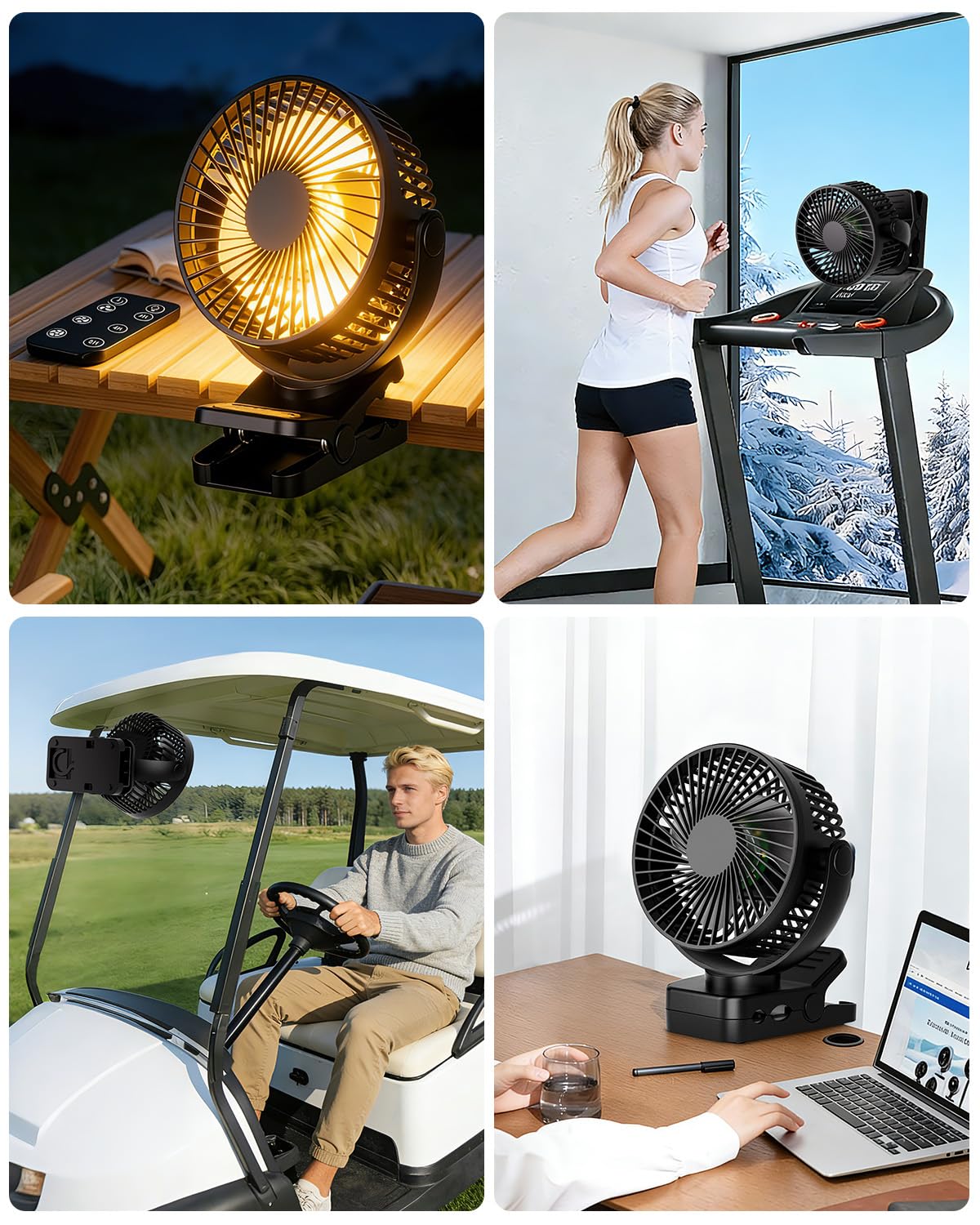 Ventilatore 4 in 1 a Pinza, Batteria 12000 mAh Ricaricabile USB, Portatile con Telecomando, Luce LED, 3 Velocità, Timer, Rotazione 360°, per Tavolo, Auto, Passeggino, Campeggio ed Esterno, Nero