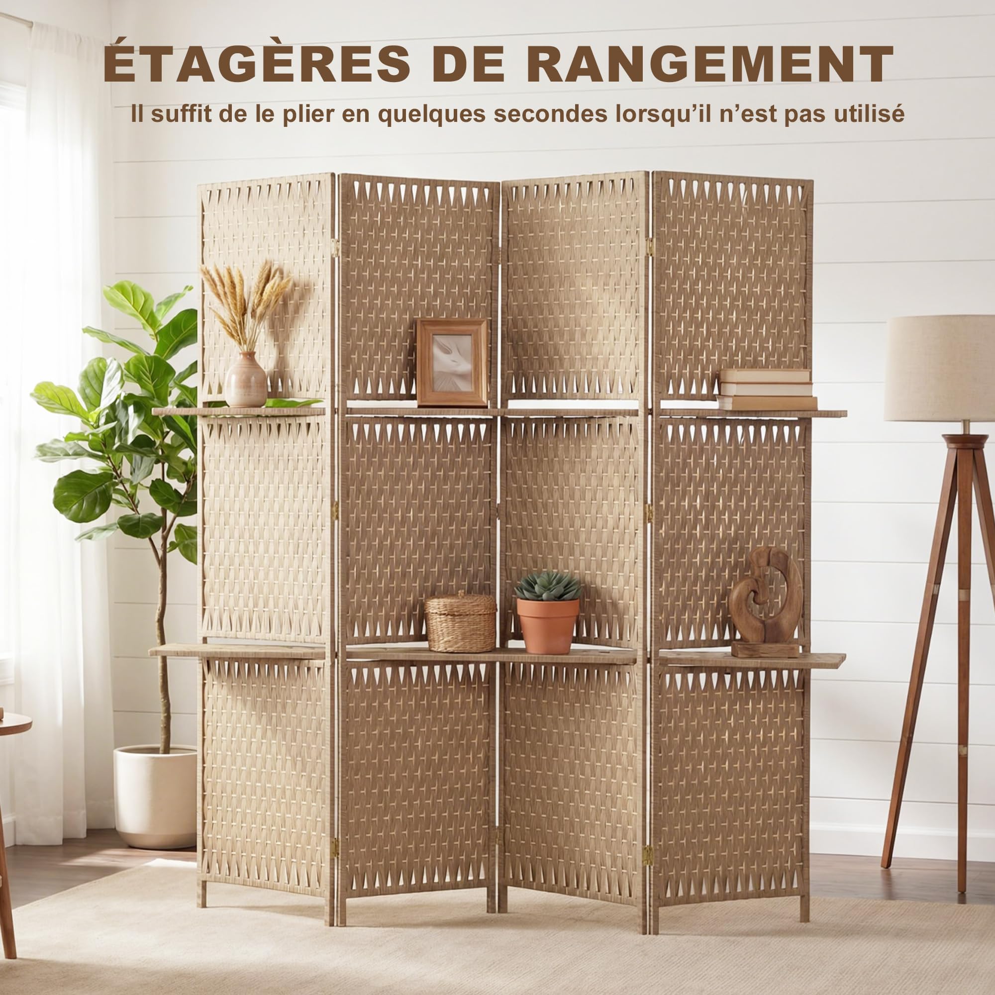 HOMCOM Paravent Intérieur 4 Panneaux 2 Étagères Pliables 181x180cm Naturel | Séparateur de Pièce, Bois de Pin, Bambou, Fibres de Papier Tressée
