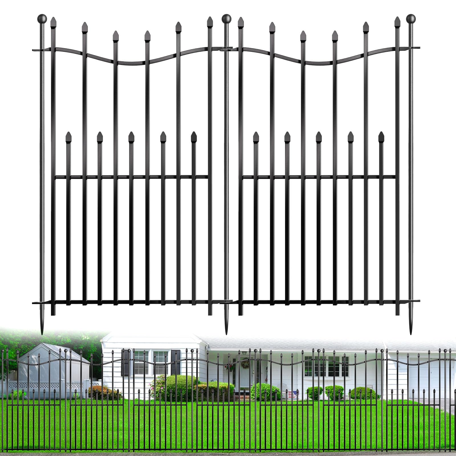 8 Panels No Dig Decorative Garden Fence, 40in(H)×17.6ft(L) Heavy-Duty Rustproof Metal Panels, Outdoor Dog Barrier for Yard & Patio, Landscape, Border| Portable Temporary Fencing