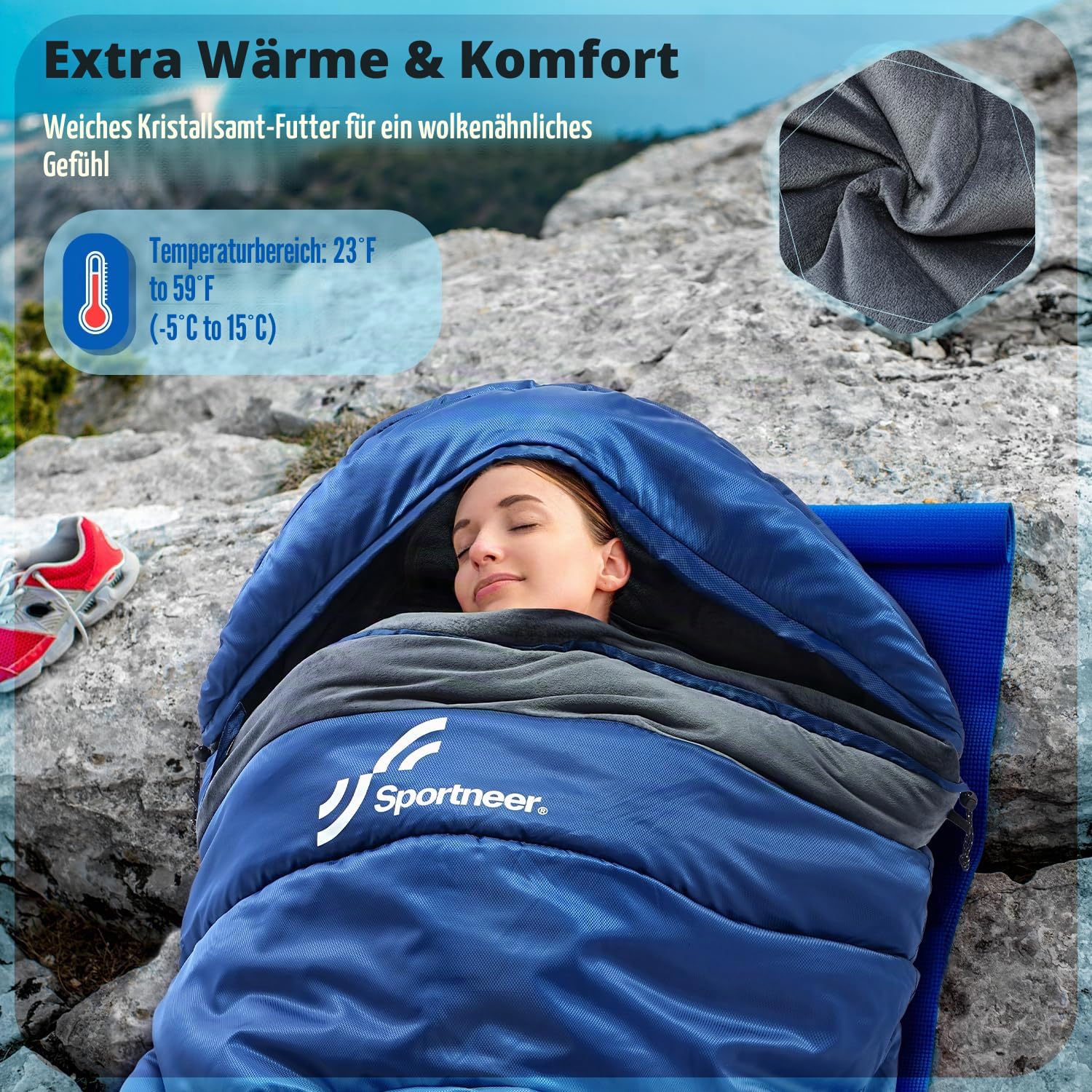 Schlafsack 0 Grad XXL 230 x 90CM Winterschlafsack mit Abnehmbarer Kapuze und weichem Kristallsamt-Futter für Erwachsene