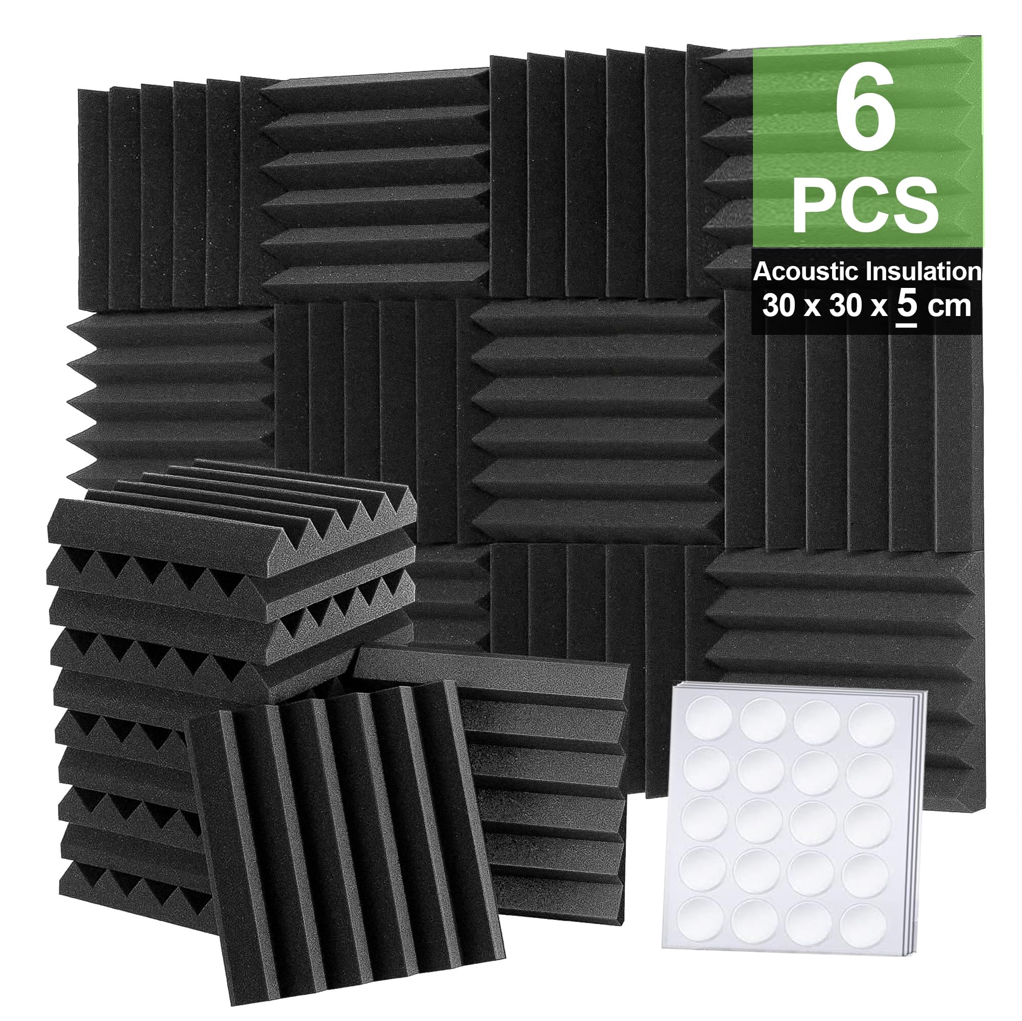 Foneso Pannelli Fonoassorbenti, 30x30x5 cm (Densità:25kg/m³) Schiuma Acustica, Parete Fonoassorbente 3D ad alta Densità, Materiali Fono isolanti per sale di registrazione e uffici (6 Pezzi, Nero)