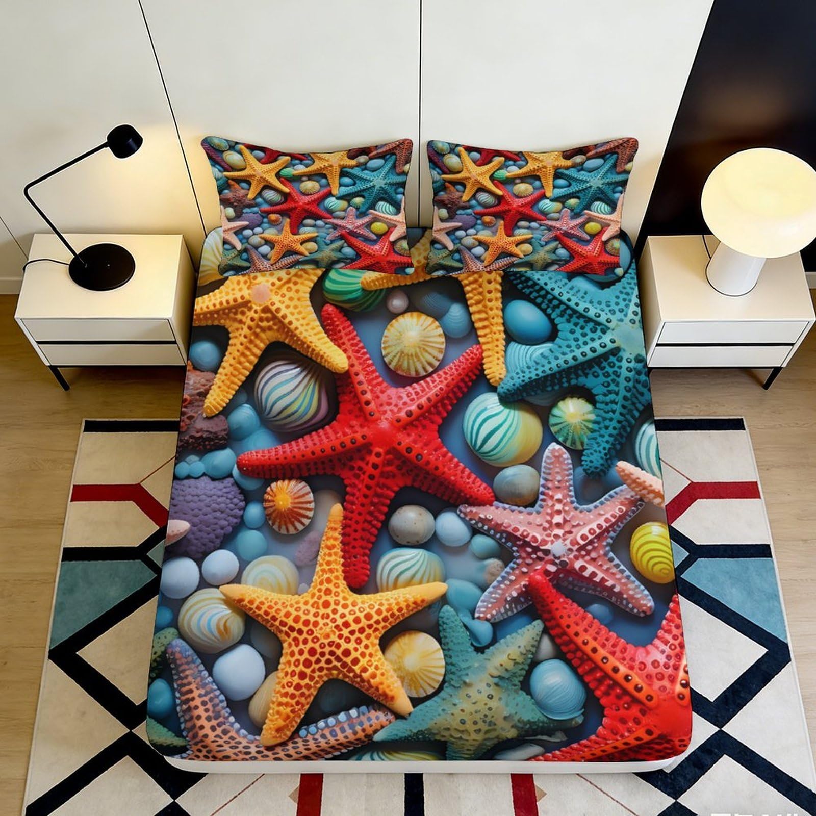 3D Printed Starfish Ocean Fitted Sheet Microfiber Soft Colourful Sea Shells Mattress Cover Bedroom Decor 90x200x25cm