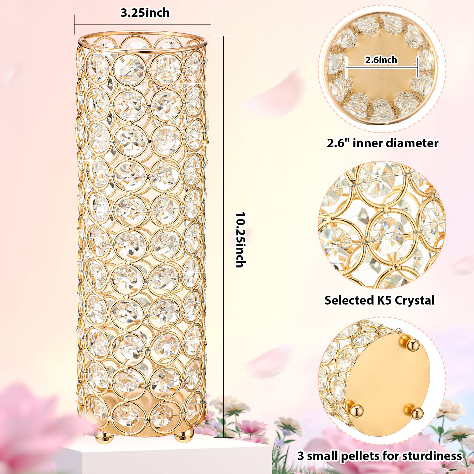 Zubebe 8 Pcs Crystal Flower Vase Tea Light Candle Holders for Wedding Table Centerpieces Decorations 10.24 Inch Fancy Elegant Cylinder Metal Vases for Living Room Home Party Events Decor (Gold)