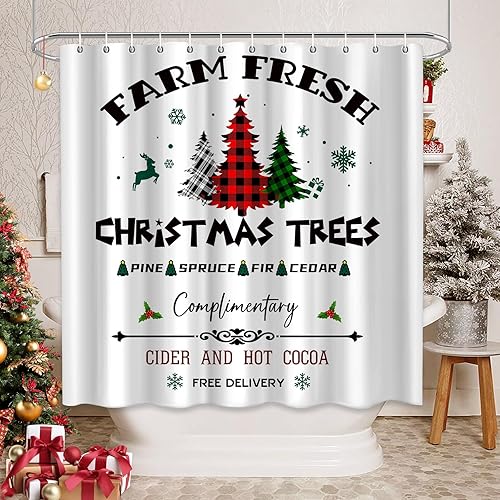 HappyPumpkin Cortina de ducha de Navidad, árboles de Navidad a cuadros frescos de granja, rústico, retro, granja, impermeable, poliéster, decoración