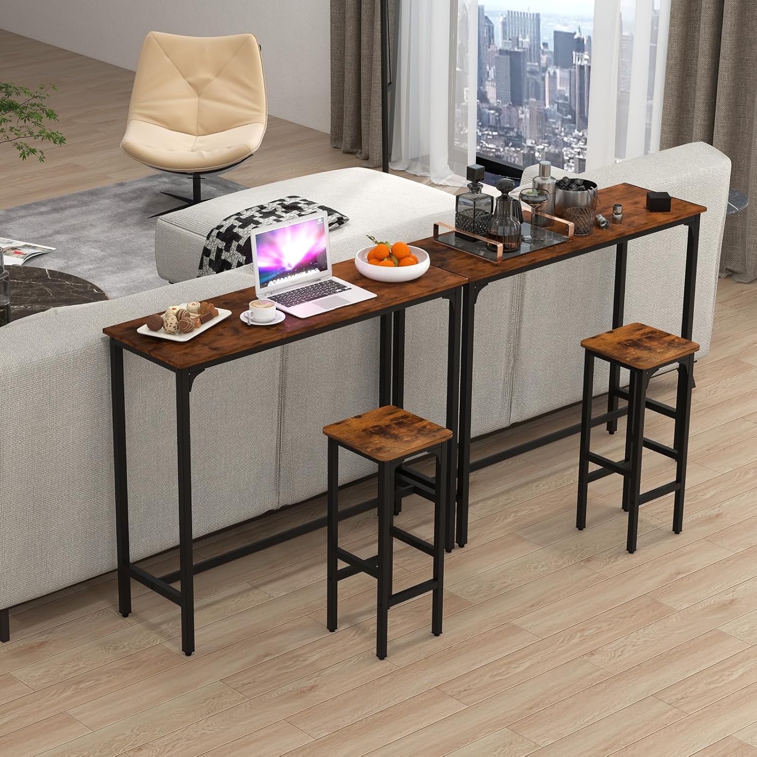 Set of 2 Black and Rustic Brown Adjustable Wood and Metal Bar Stools