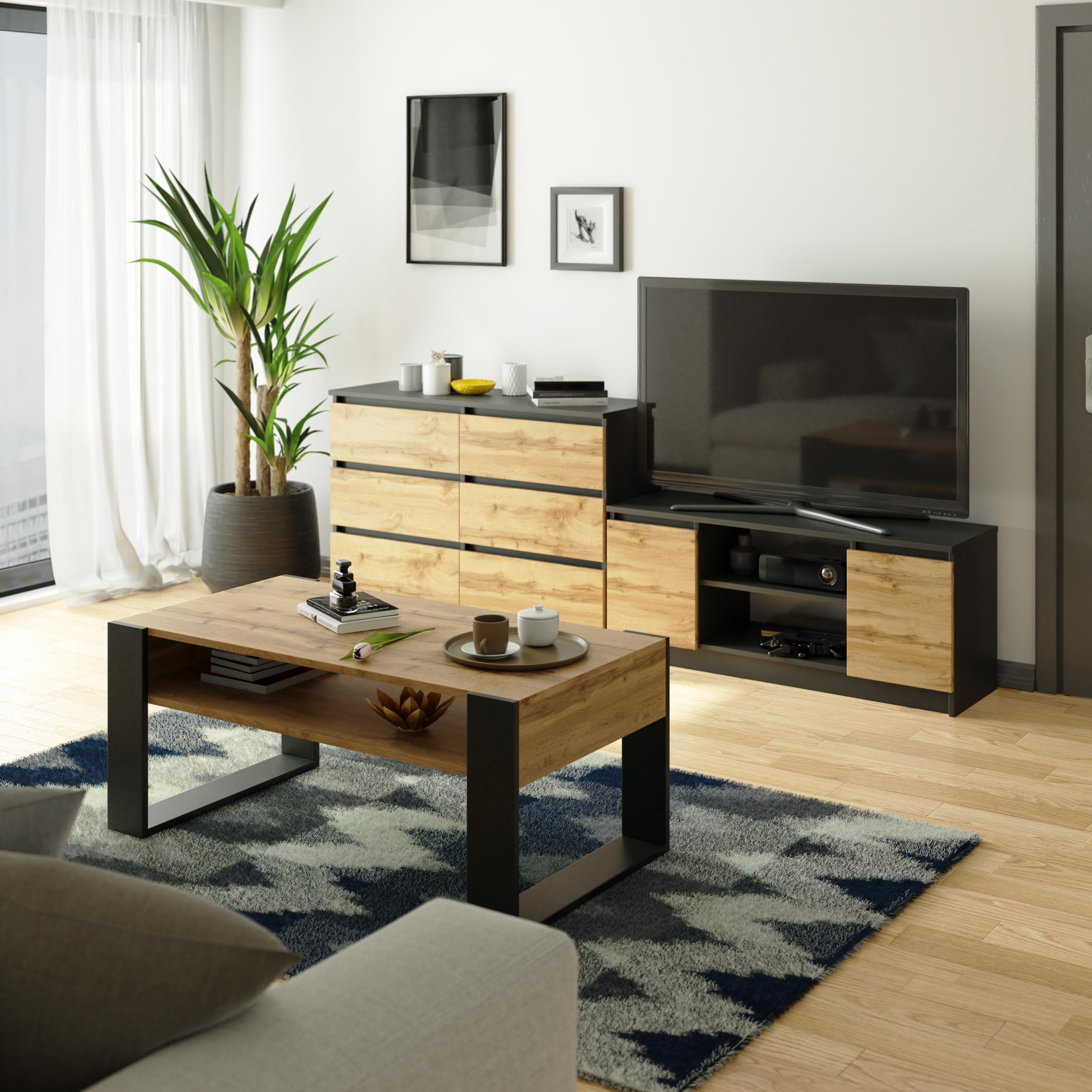 VBChome Kommode mit 6 Schubladen, Anthrazit-Artisan, 120 x 39 x 81 cm, Grifflose Holz-Schubladenkommode, Moderner Mehrzweckschrank für Flur, Schlafzimmer, Wohnzimmer & Kinderzimmer, Einfache Montage