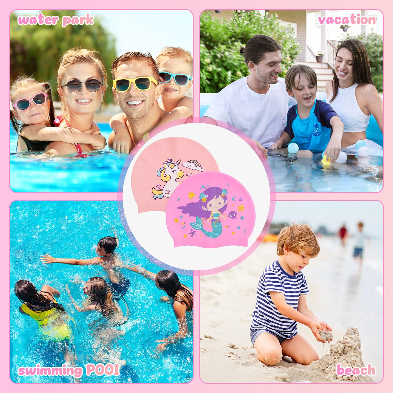 Cuffia Bagno Bambina 2 Pezzi - Silicone Impermeabile Licorna E Sirena 4-10 Anni