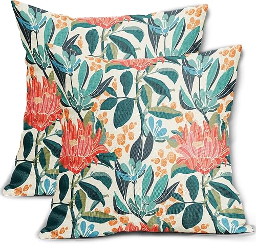 Juego de 2 fundas de almohada florales de color verde azulado coral de 18 x 18 pulgadas, diseño geométrico de flores naranjas y hojas, almohadas