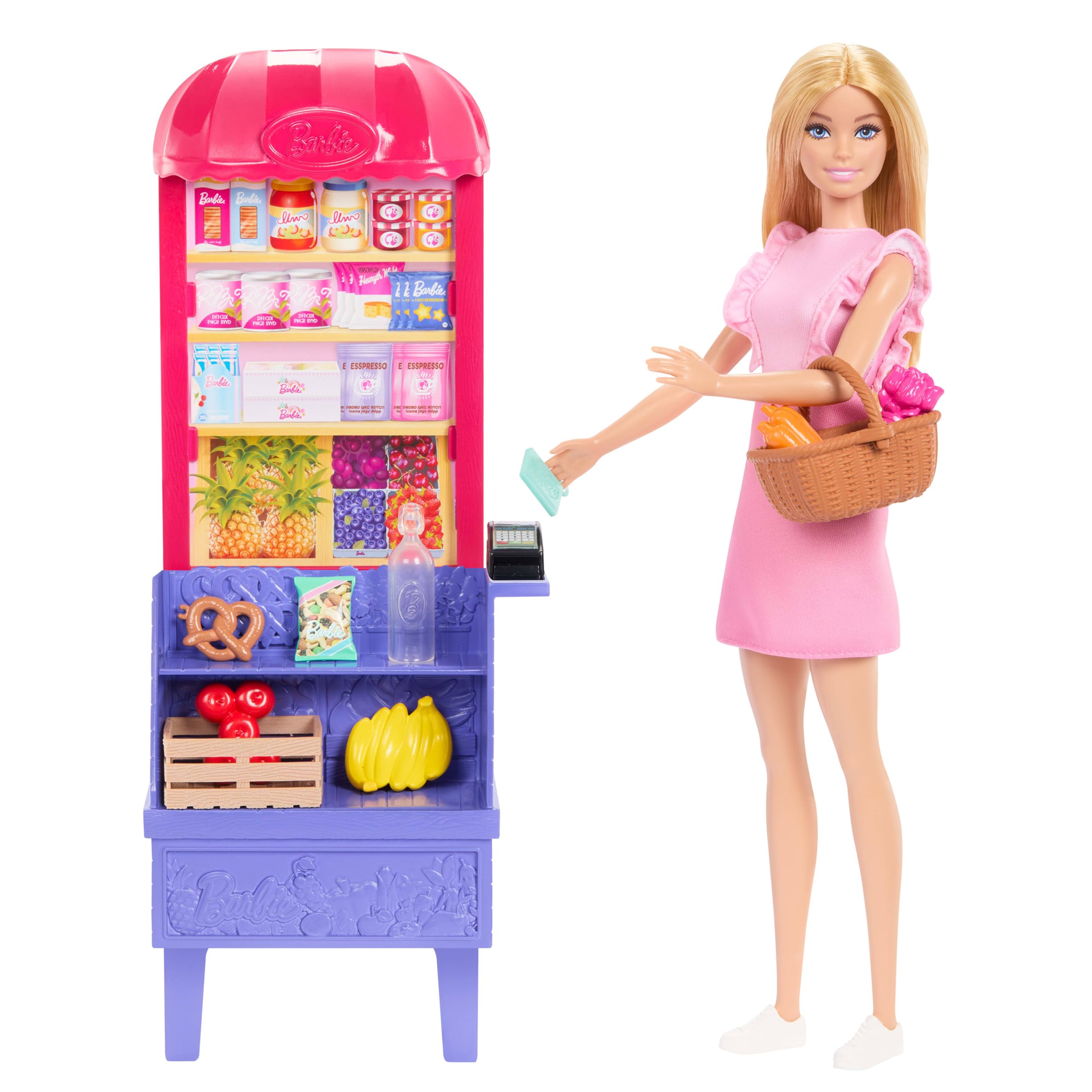 Barbie - Malibu fa la spesa, bambola bionda e bancarella del mercato con 11 accessori a tema, set ispirato al film Barbie e Teresa La Ricetta dell'Amicizia, giocattolo per bambini, 3+ anni, JCT05