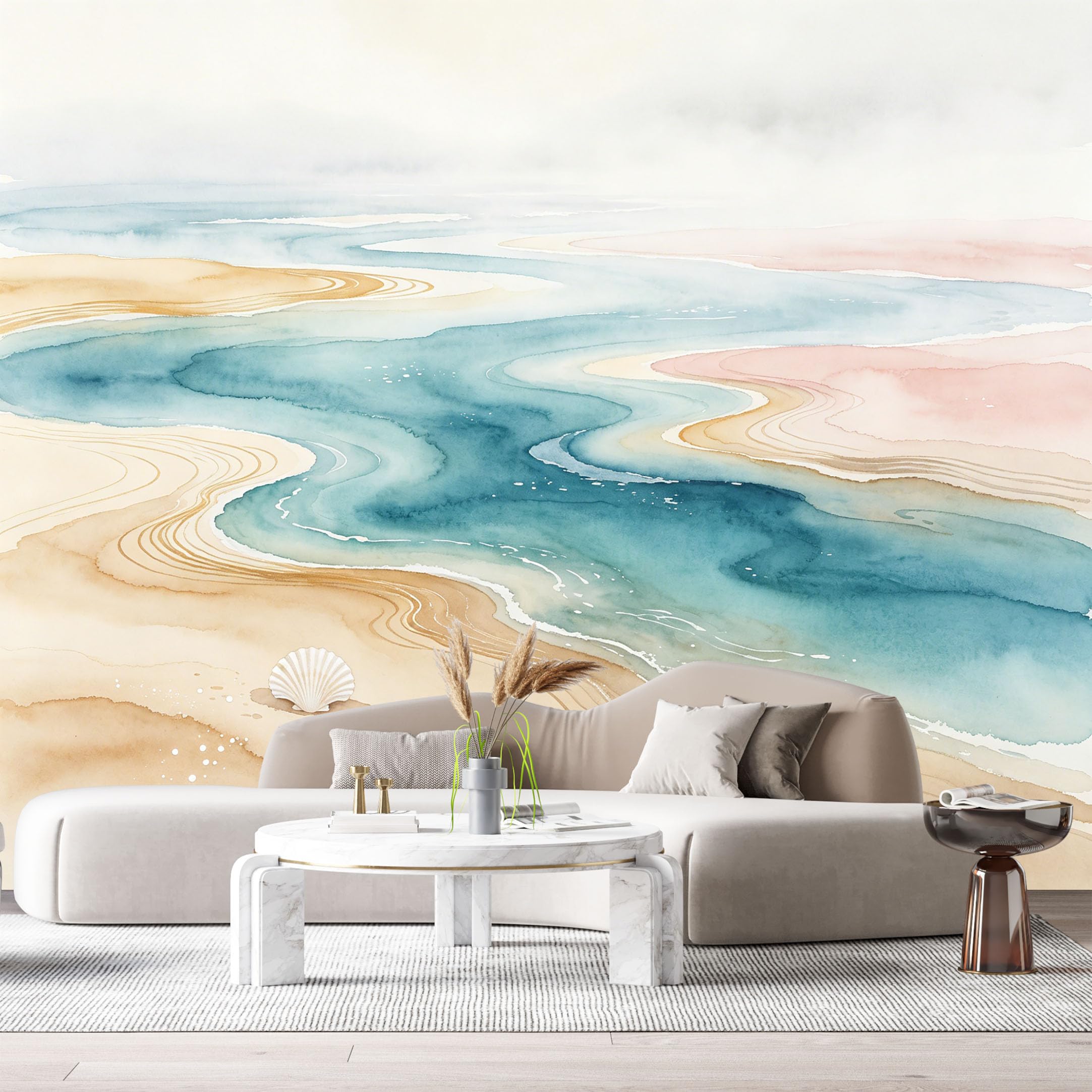 Custom Size Wall Murals Coastal Ocean Marine Watercolor Seashell Sand SelfAdhesiveWall Fabric Removable Wallpaper Wall Decor for Living Room Bedroom Bathroom