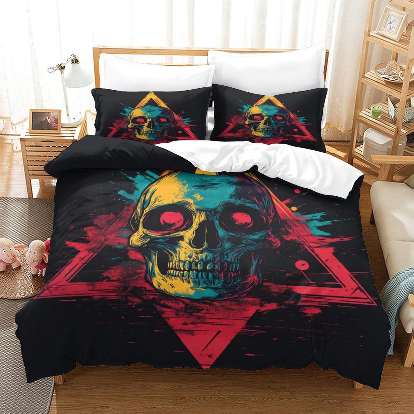 P1s9u7w5y Skull Modern Stylish 3D Printed Triangle Duvet Cover Set 3Pcs Microfiber Punk Bedding Set Super King（260X220cm）
