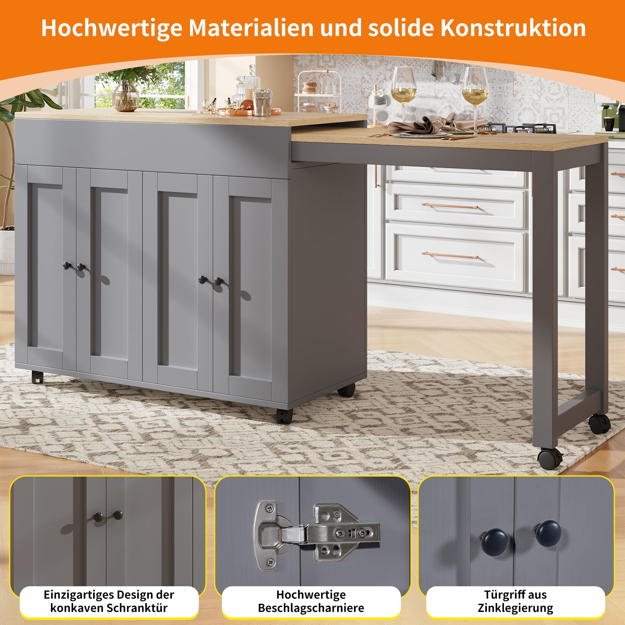 Ausziehbarer Bartisch mit Vielseitiger Stauraum, 360° Drehbarer Stehtisch Kücheninsel mit Verstellbare Tischplatte 131.5-210cm, Kücheninsel mit Rollen, Grau-B, 210x45x92 cm(Ohne Hocker)
