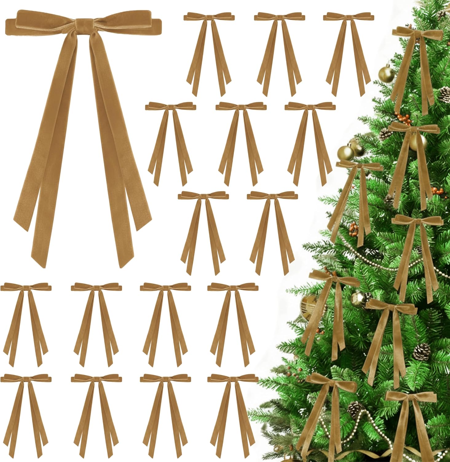 24 Pcs Christmas Bows for Tree, Light Brown Velvet Ribbon Bow for Christmas Tree, Pre-Tied Vintage Xmas Bows for Xmas Trees Wreaths Gifts Wedding Indoor Outdoor Decorations, 5 x 7 Inch