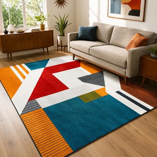 Amorettise Mid-Century Modern Area Rug 7' X 5', Blue Red Abstract Rugs Carpet No