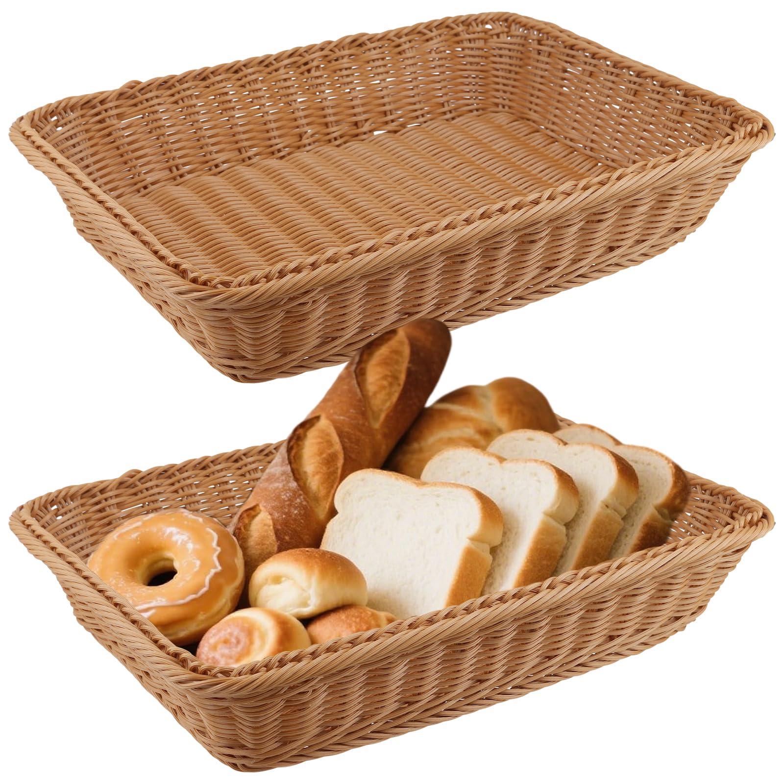ZOENHOU 2 cestini rettangolari intrecciati per il pane 40 x 30 x 8 cm, in rattan sintetico ermetico, organizer da cucina con design impilabile, cesti di vimini per hotel, ristoranti