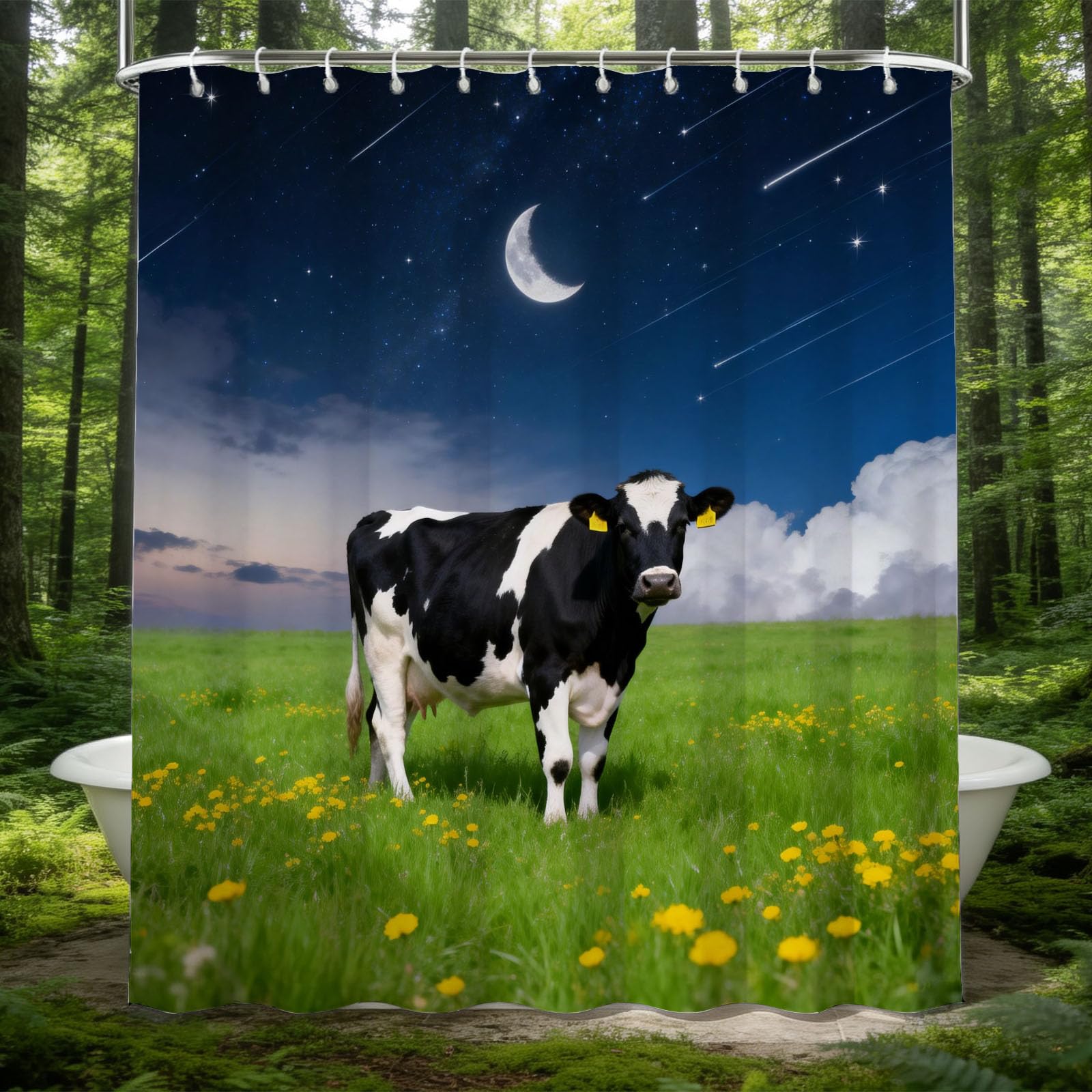 Hongduo White 3D Milk Cow Shower Curtain For Stalls Bathtubs Moon Bathroom Decor Shower Curtain Set Polyester Fabric Waterproof 200X200cm/79X79 Inch With Hooks