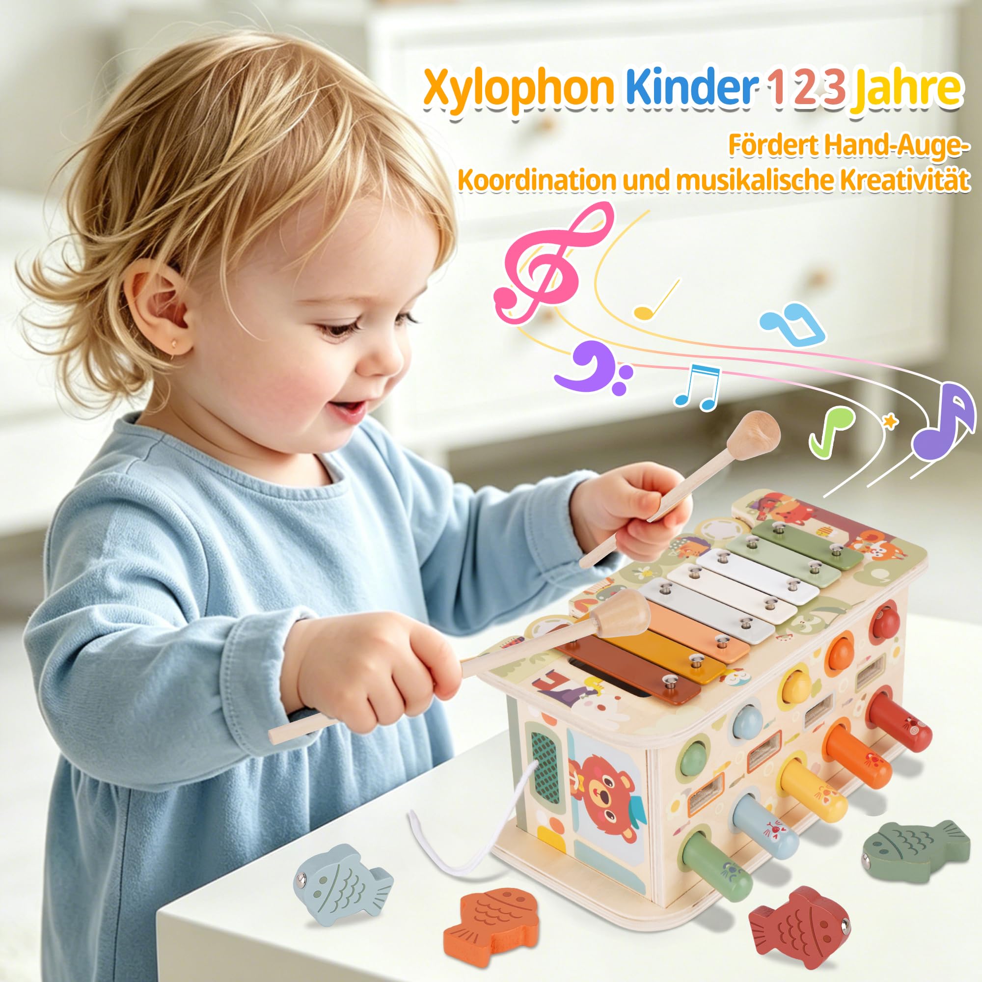 Baby Spielzeug ab 1 2 3 Jahre, Montessori Spielzeug ab 1 Jahr, Music Kinderspielzeug Xylophon, Magnet Angelspiel, Hammerspiel Motorikspielzeug, Holzspielzeug Geschenk Mädchen Junge Kind 1 2 3 Jahre