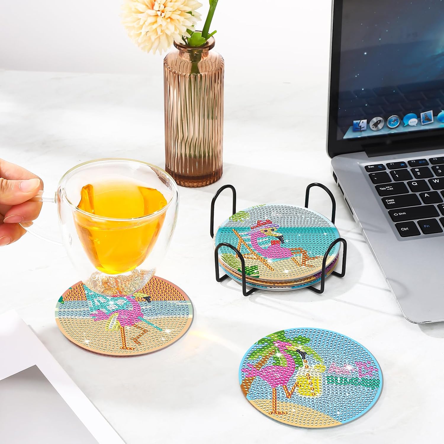 8 Pcs Diamond Art Painting Coasters with Holder, Diamond Art Coasters Abstract Diamond Art Kits for Adults Beginner Craft Supplies Pink Sands Flamingos