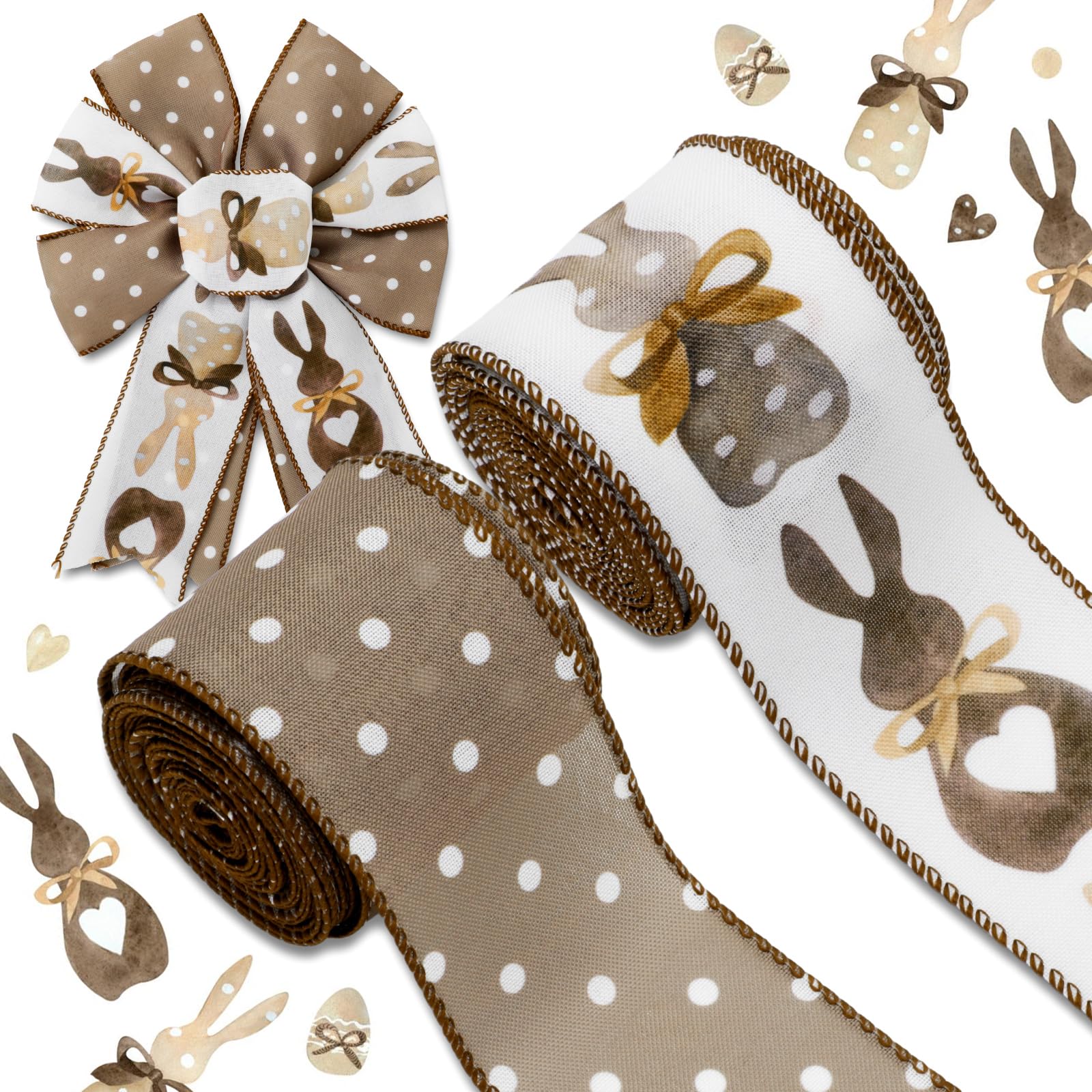 JarThenaAMCS Easter Wired Edge Ribbon Bow Bunny Rabbit Dots Ribbon Brown Decorative Fabric Ribbons for Wreath Bow Making DIY Crafts Wrapping, 2 Rolls,