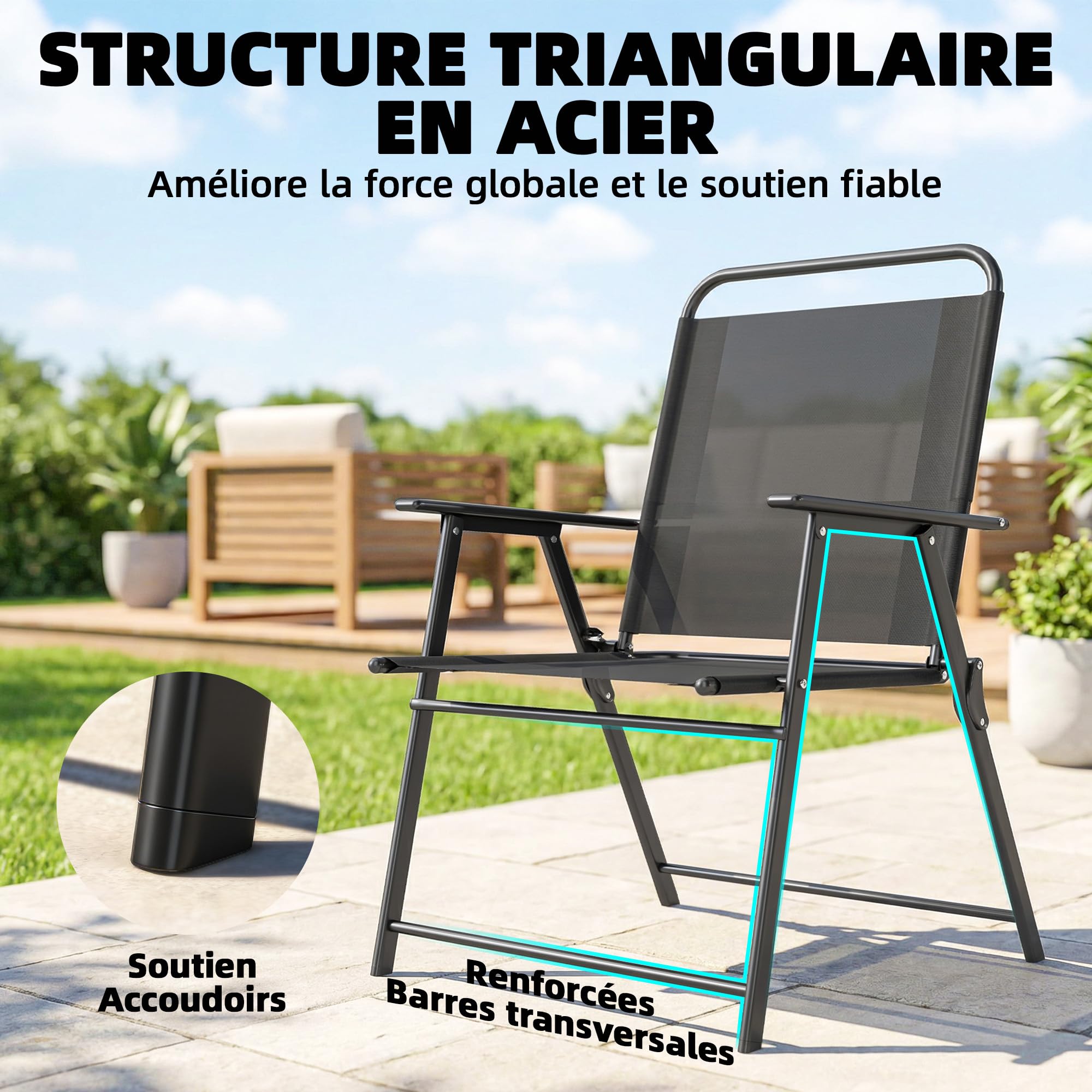 Outsunny Lot de 4 chaises de Jardin Pliantes avec accoudoirs, chaises d'extérieur avec Assise Large en textilène Respirant, Dossier Haut, Cadre en Acier Robuste, pour Patio, Balcon, terrasse, Noir